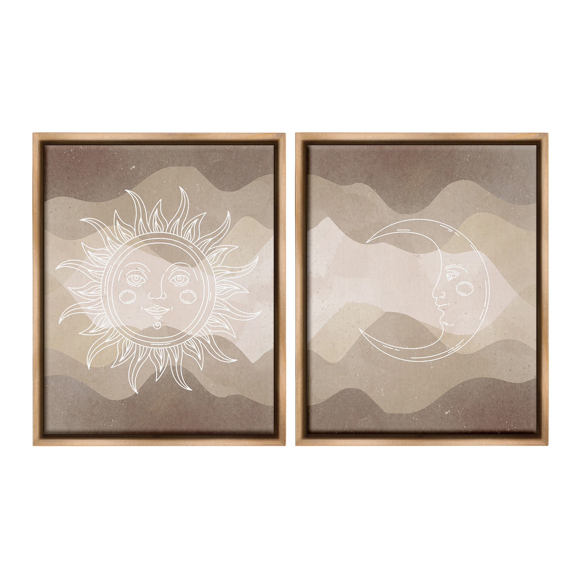 Stupell Industries Astral Boho Sun & Moon Landscape Painting Brown Floater Framed Canvas Art Print Wall Art, 17 x 21, Set of 2