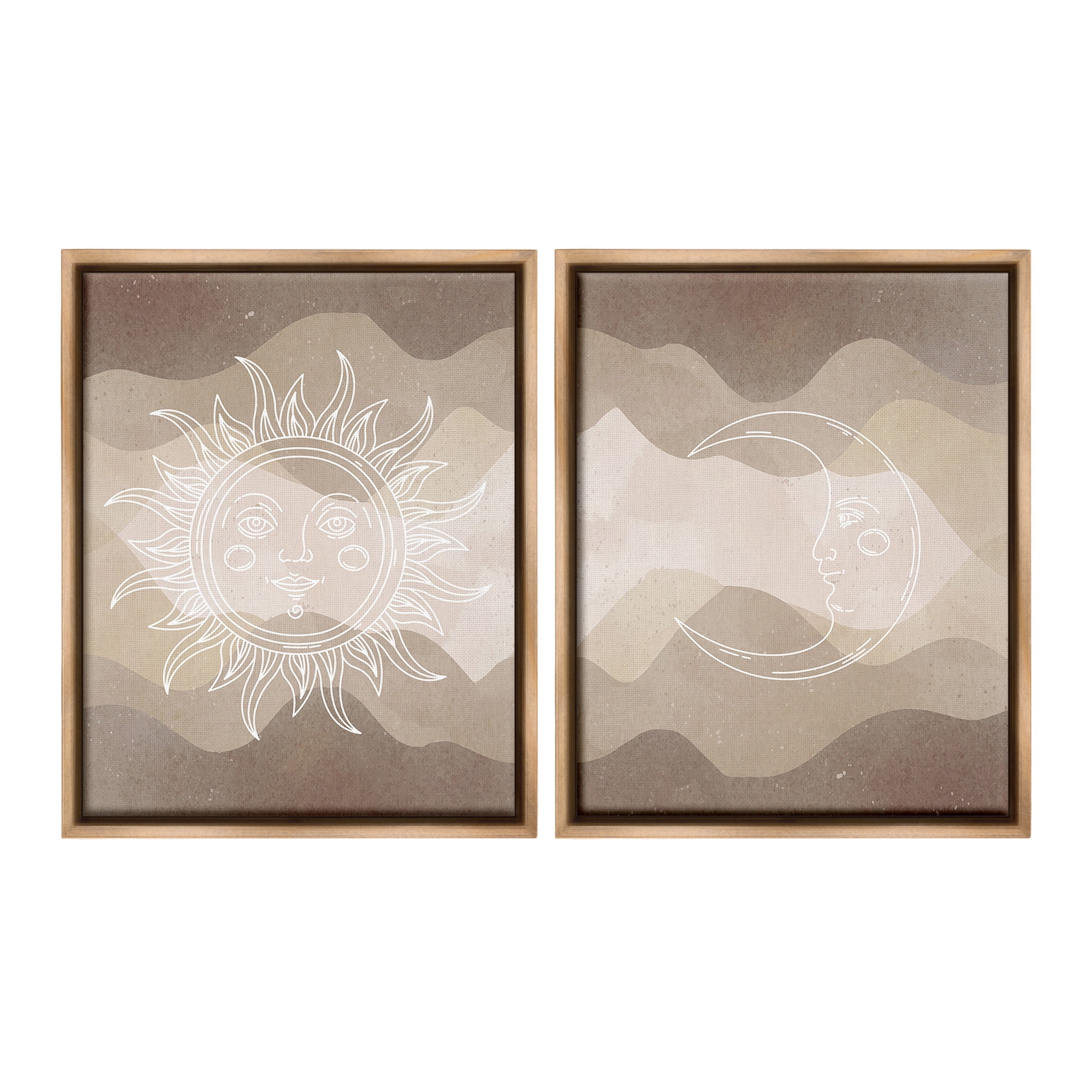 Stupell Industries Astral Boho Sun & Moon Landscape Painting Brown Floater Framed Canvas Art Print Wall Art, 25 x 31, Set of 2