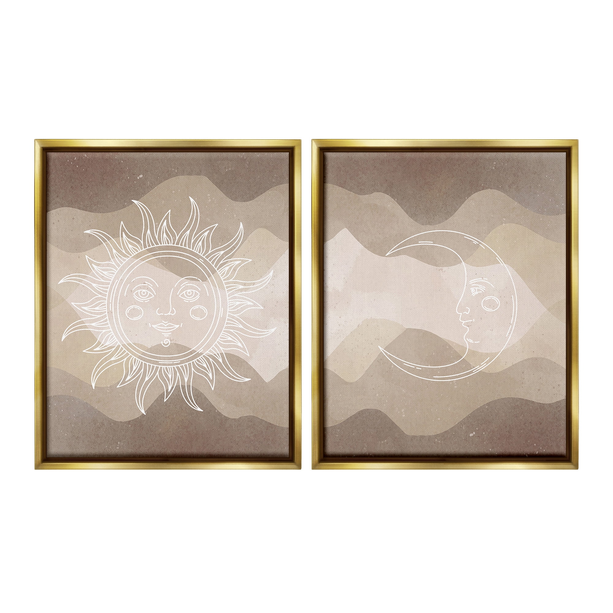 Stupell Industries Astral Boho Sun & Moon Landscape Painting Gold Floater Framed Canvas Art Print Wall Art, 25 x 31, Set of 2