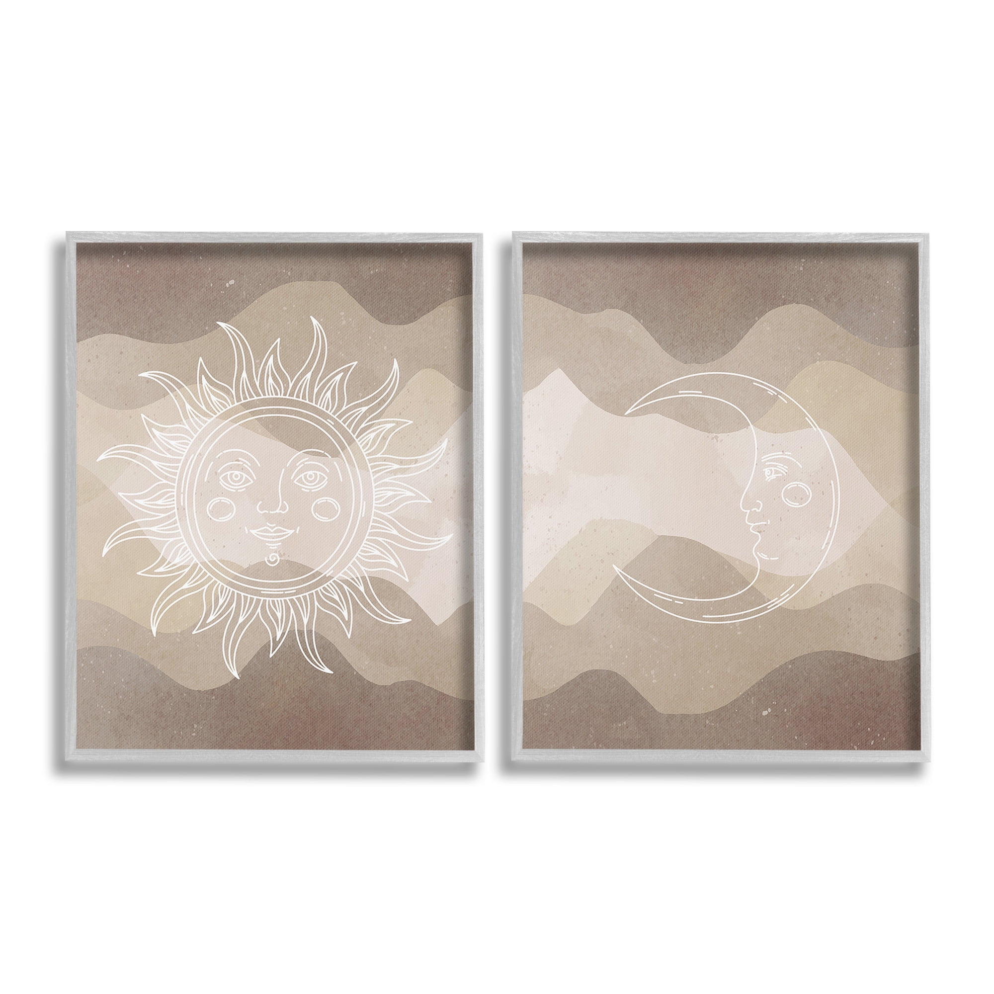 Stupell Industries Astral Boho Sun & Moon Landscape Painting Gray Framed Art Print Wall Art, 24 x 30, Set of 2