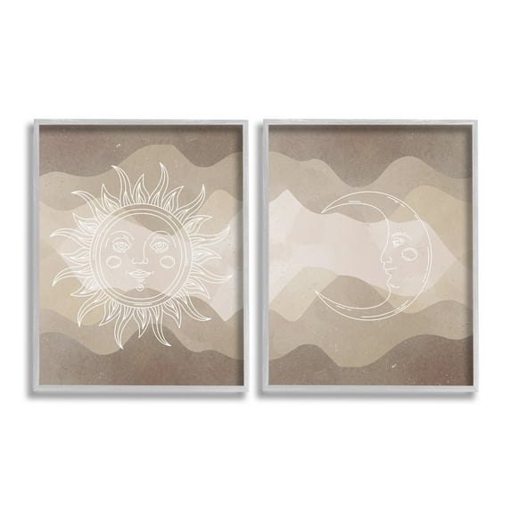 Stupell Industries Astral Boho Sun & Moon Landscape Painting Gray Framed Art Print Wall Art, 24 x 30, Set of 2