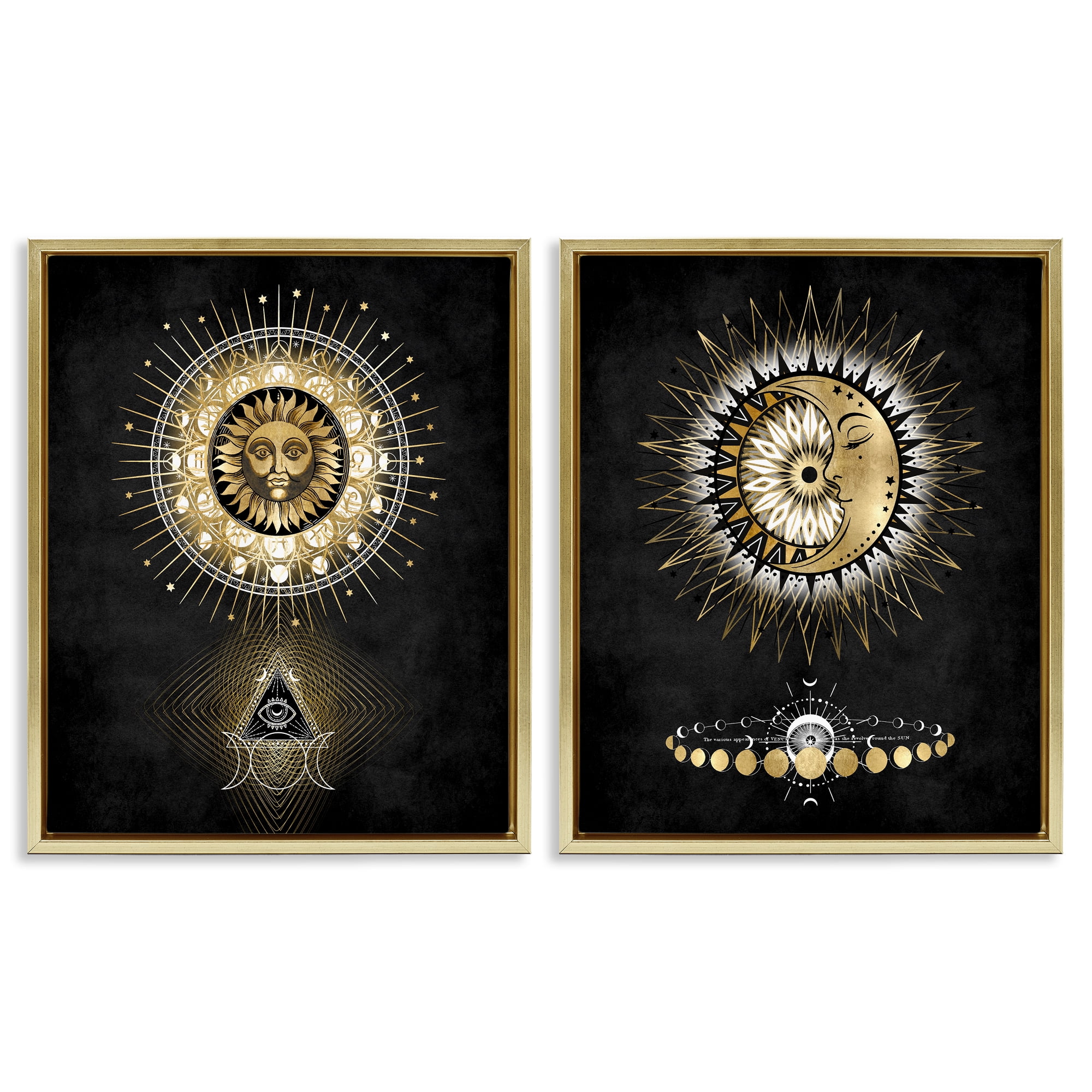 Stupell Industries Astral Eye & Moon Phases Astrology & Stars Painting Gold Floater Framed Canvas Art Print Wall Art, 31 x 25, Set of 2