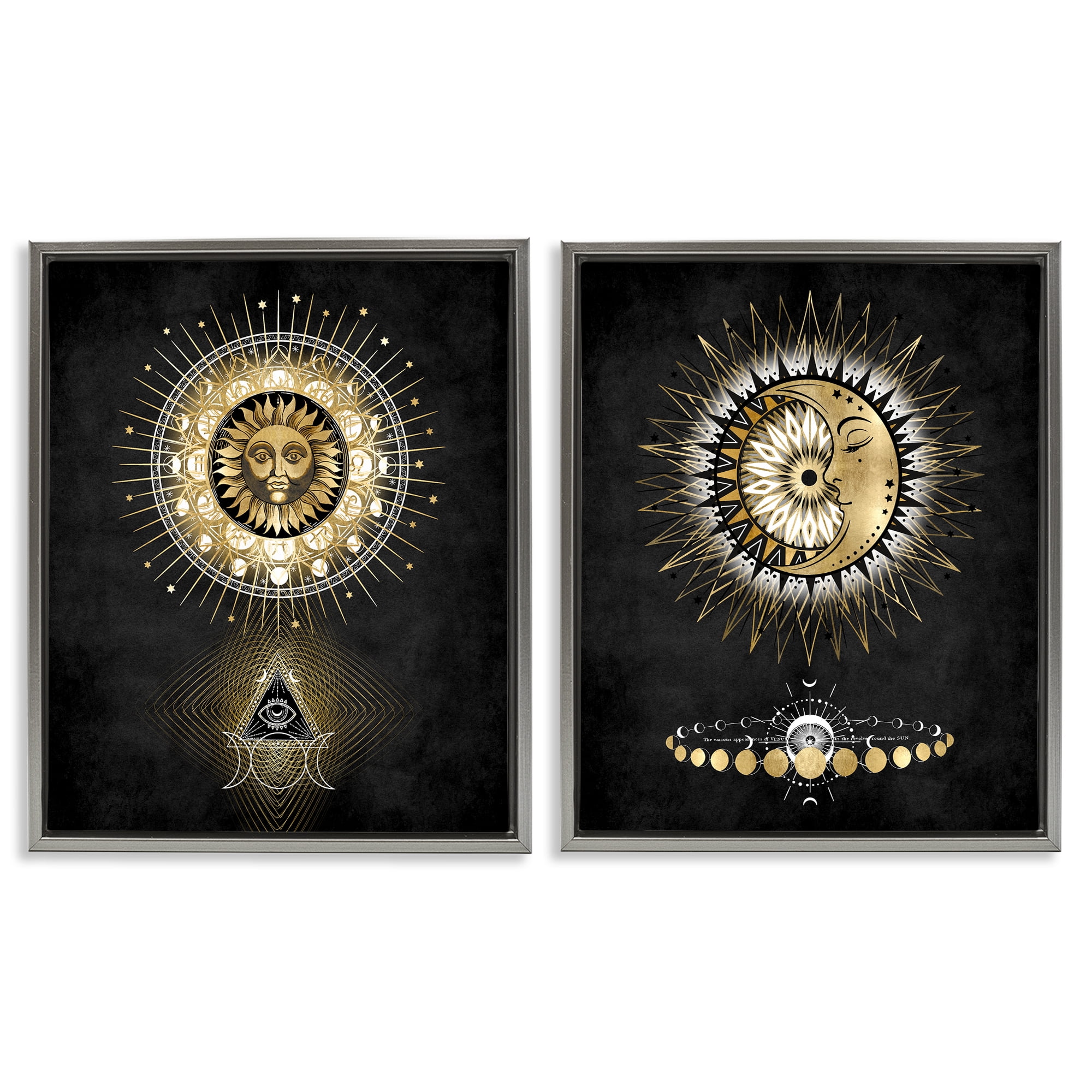 Stupell Industries Astral Eye & Moon Phases Astrology & Stars Painting Gray Floater Framed Canvas Art Print Wall Art, 17 x 21, Set of 2