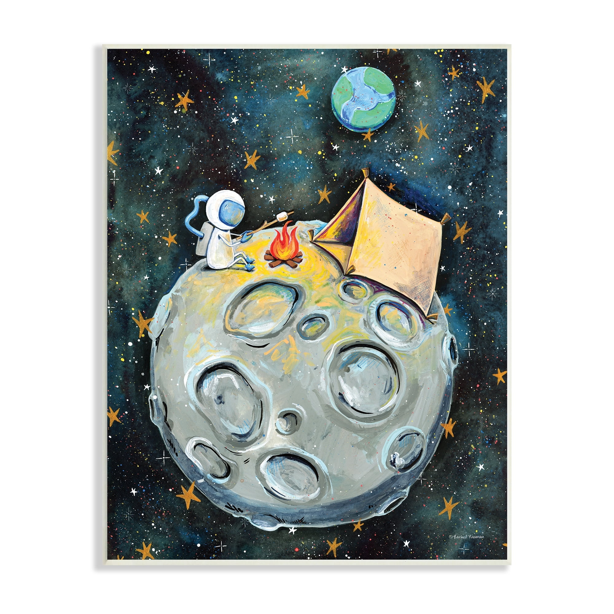 Stupell Industries Astronaut Camping Moon Whimsical Stars Outer Space Wood Wall Art, 13 x 19, Design by Rachel Nieman