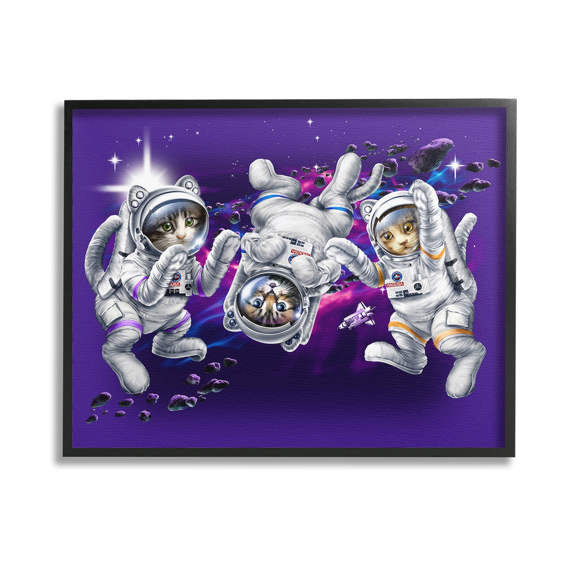 Stupell Industries Astronaut Cat Trio Animals & Insects Painting Black Framed Art Print Wall Art, 14 x 11