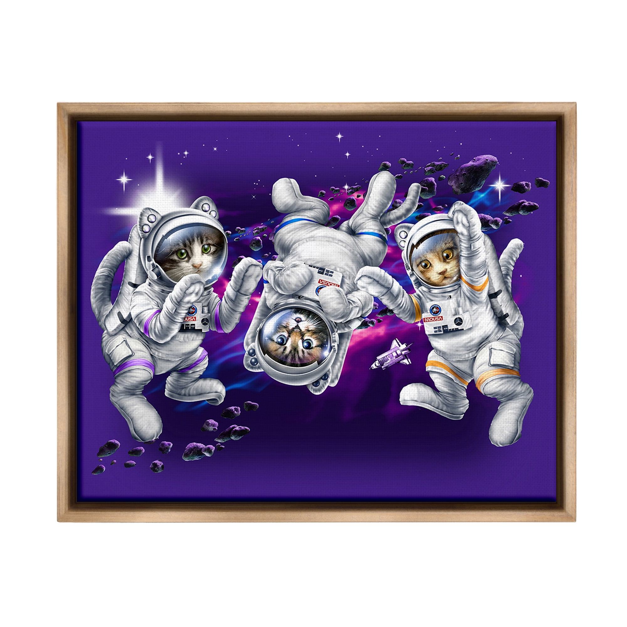Stupell Industries Astronaut Cat Trio Animals & Insects Painting Brown Floater Framed Canvas Art Print Wall Art, 31 x 25