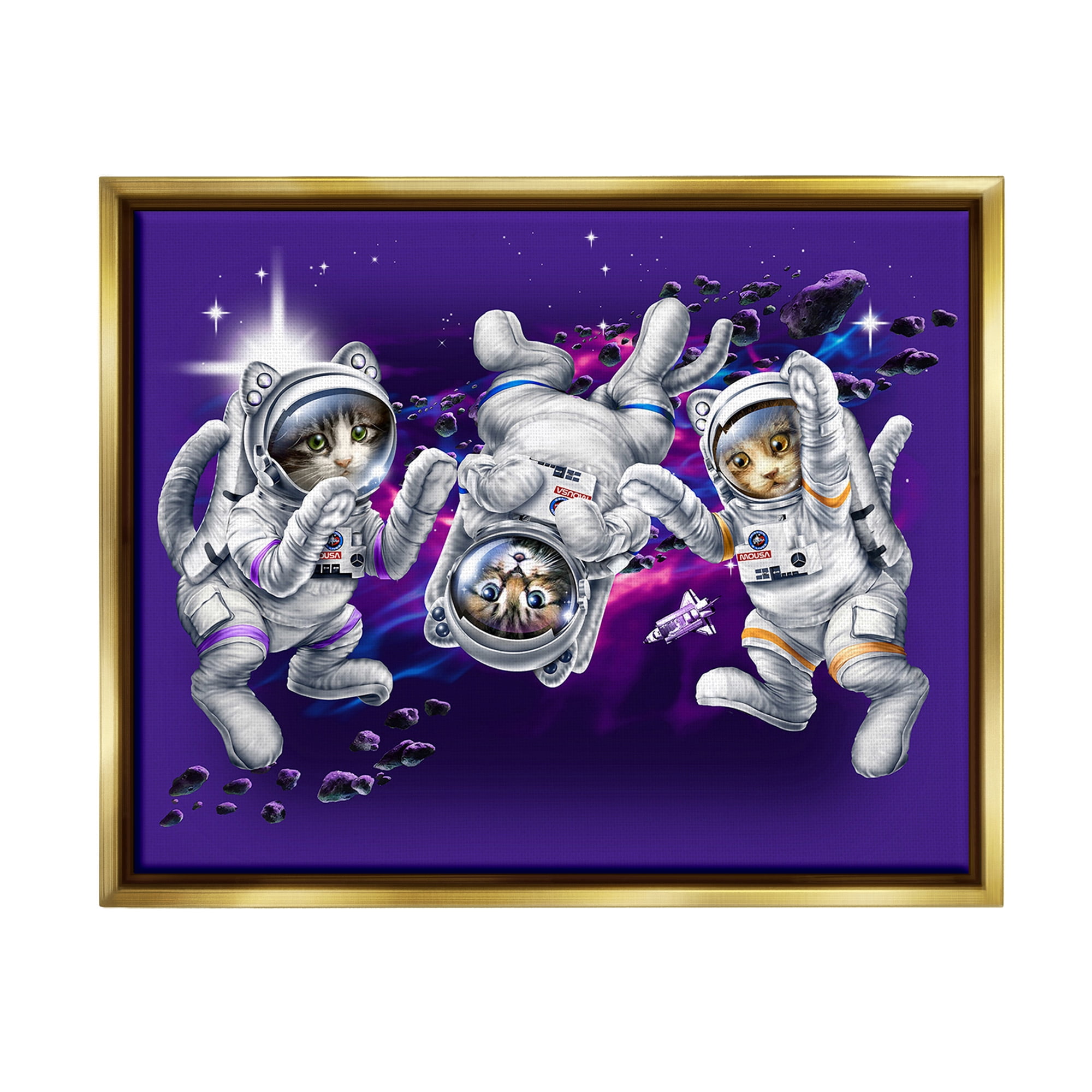 Stupell Industries Astronaut Cat Trio Animals & Insects Painting Gold Floater Framed Canvas Art Print Wall Art, 21 x 17