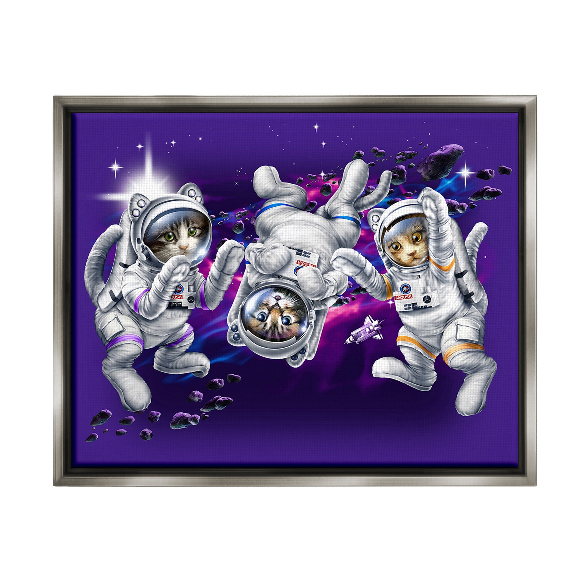 Stupell Industries Astronaut Cat Trio Animals & Insects Painting Gray Floater Framed Canvas Art Print Wall Art, 21 x 17