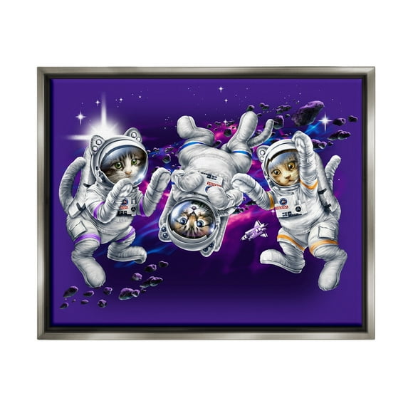 Stupell Industries Astronaut Cat Trio Animals & Insects Painting Gray Floater Framed Canvas Art Print Wall Art, 21 x 17