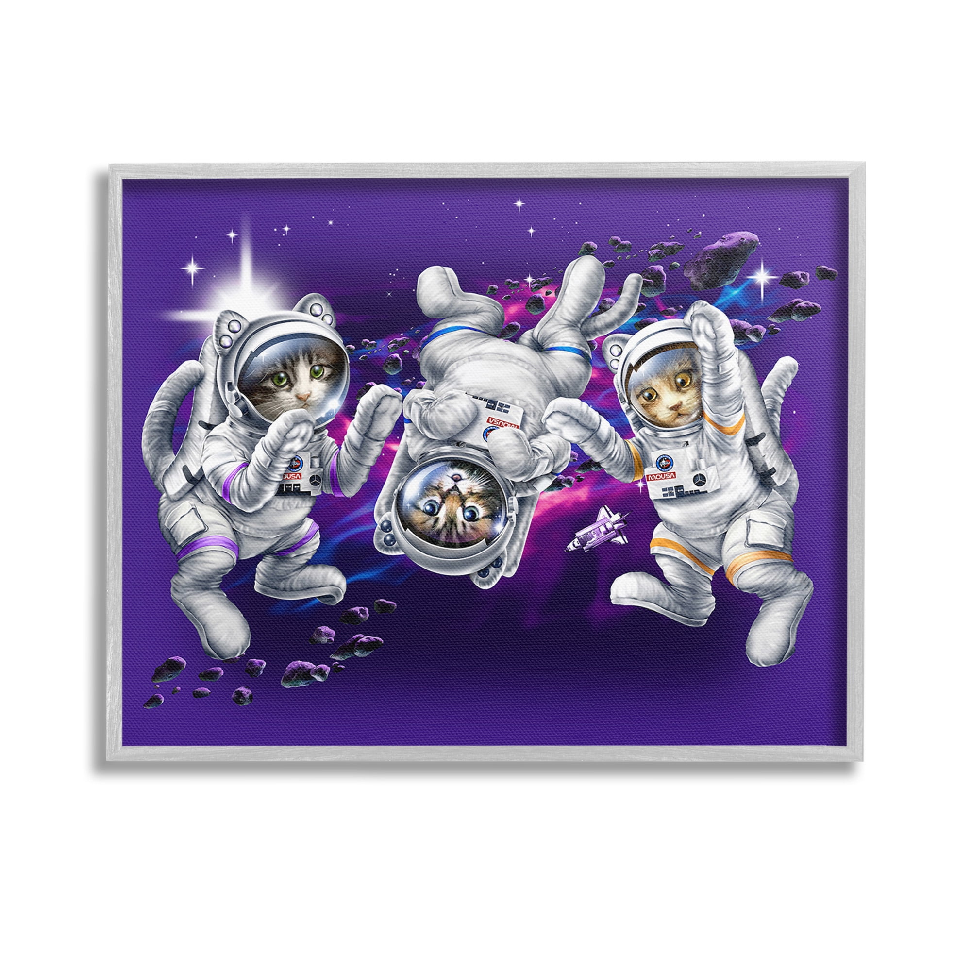 Stupell Industries Astronaut Cat Trio Animals & Insects Painting Gray Framed Art Print Wall Art, 14 x 11