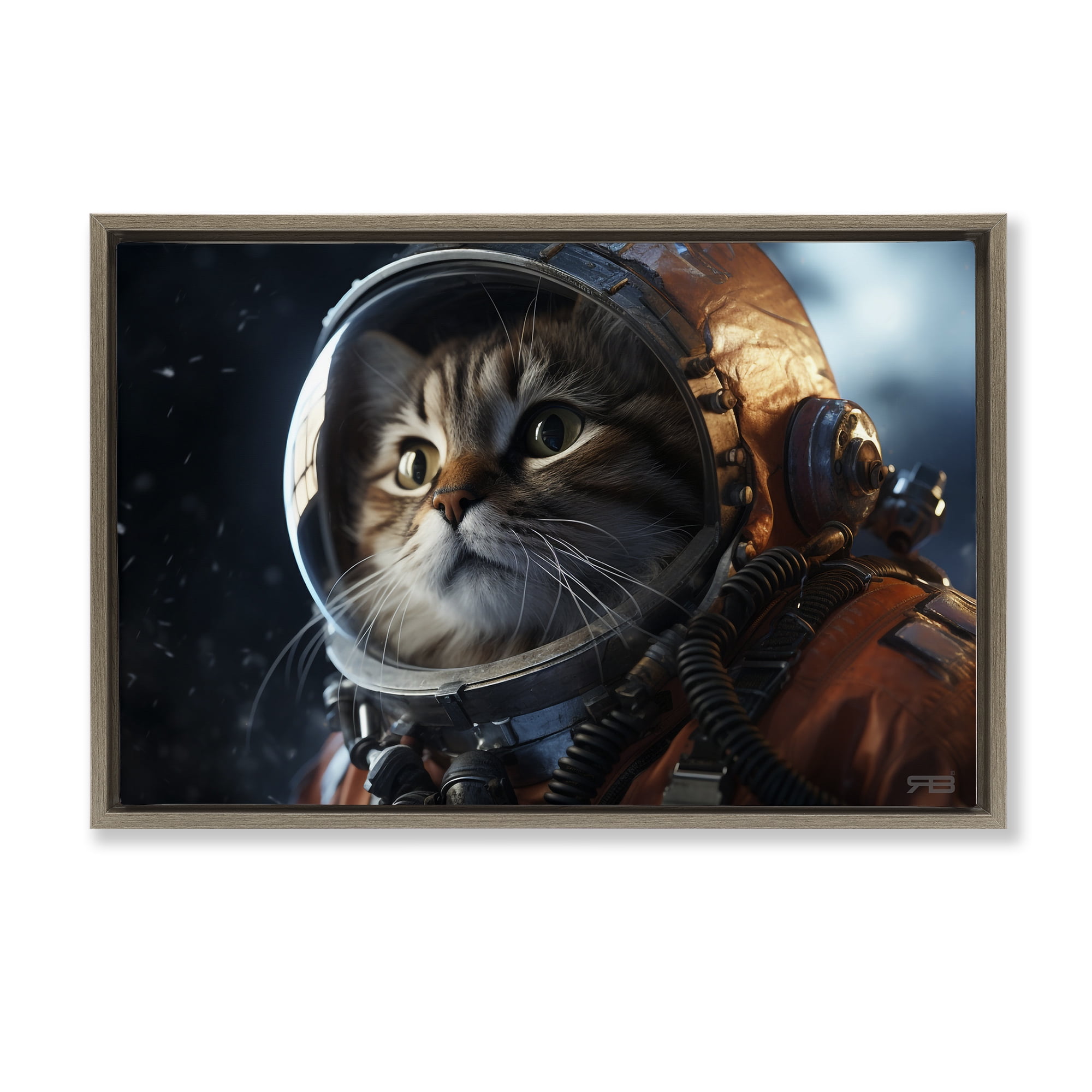Stupell Industries Astronaut Cat in Space Animals & Insects Painting Brown Floater Framed Canvas Art Print Wall Art, 25 x 17