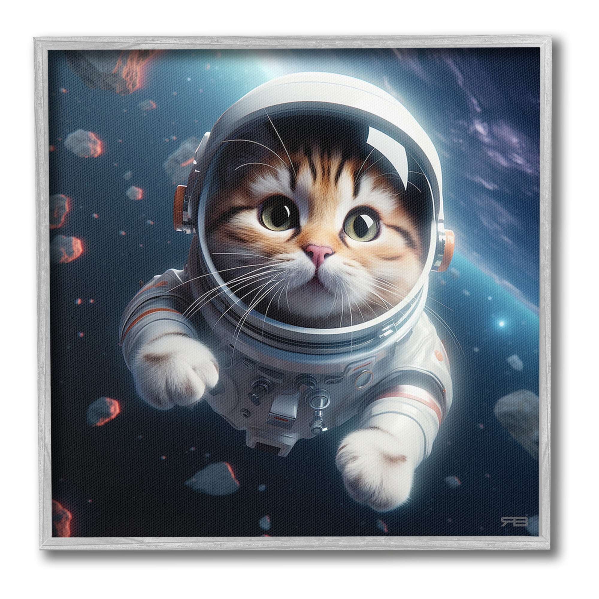 Stupell Industries Astronaut Cat in Space Animals & Insects Painting Gray Framed Art Print Wall Art, 17 x 17
