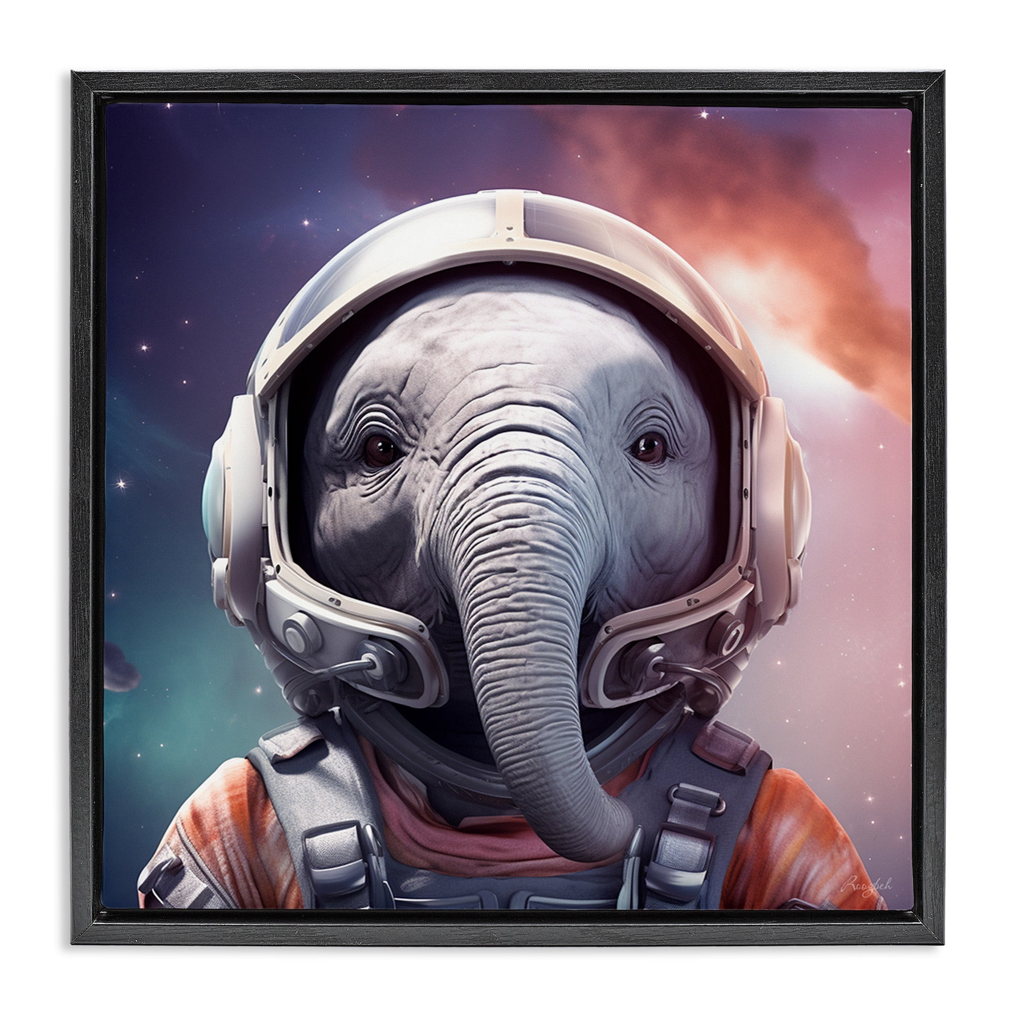 Stupell Industries Astronaut Elephant Portrait Animals & Insects Painting Black Floater Framed Canvas Art Print Wall Art, 18 x 18