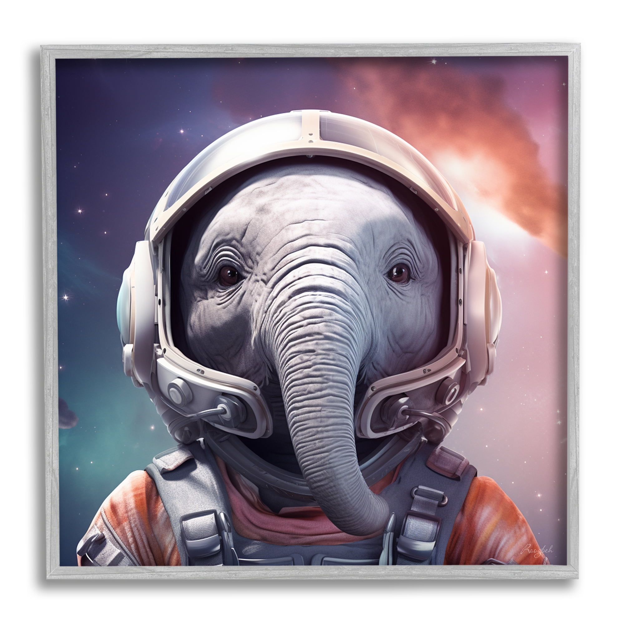 Stupell Industries Astronaut Elephant Portrait Animals & Insects Painting Gray Framed Art Print Wall Art, 17 x 17