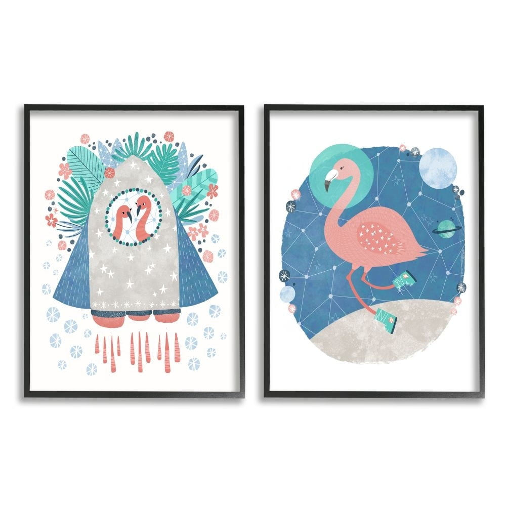 Stupell Industries Astronaut Flamingos Outer Space Rocketship Illustration Designed by Molly Fabiano
