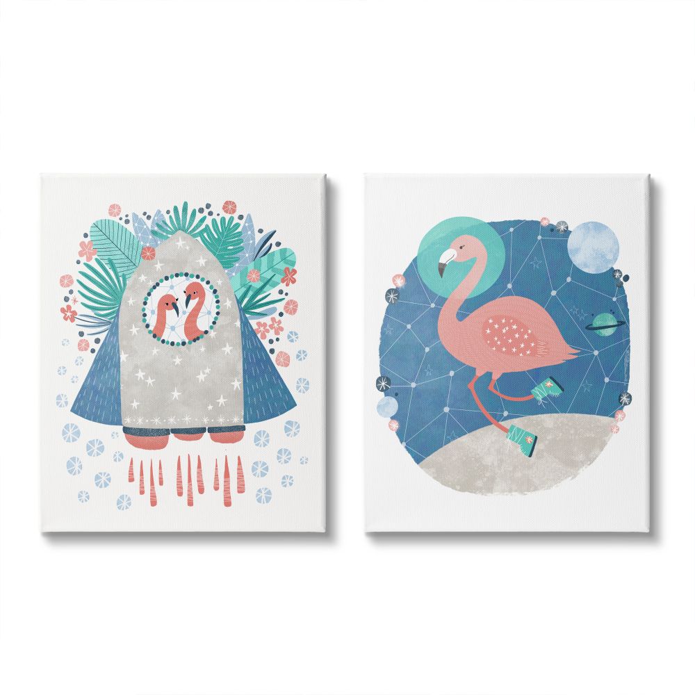 Stupell Industries Astronaut Flamingos Outer Space Rocketship Illustration Graphic Art Gallery-Wrapped Canvas Print Wall Art Set of 2, 24x30, by Molly Fabiano