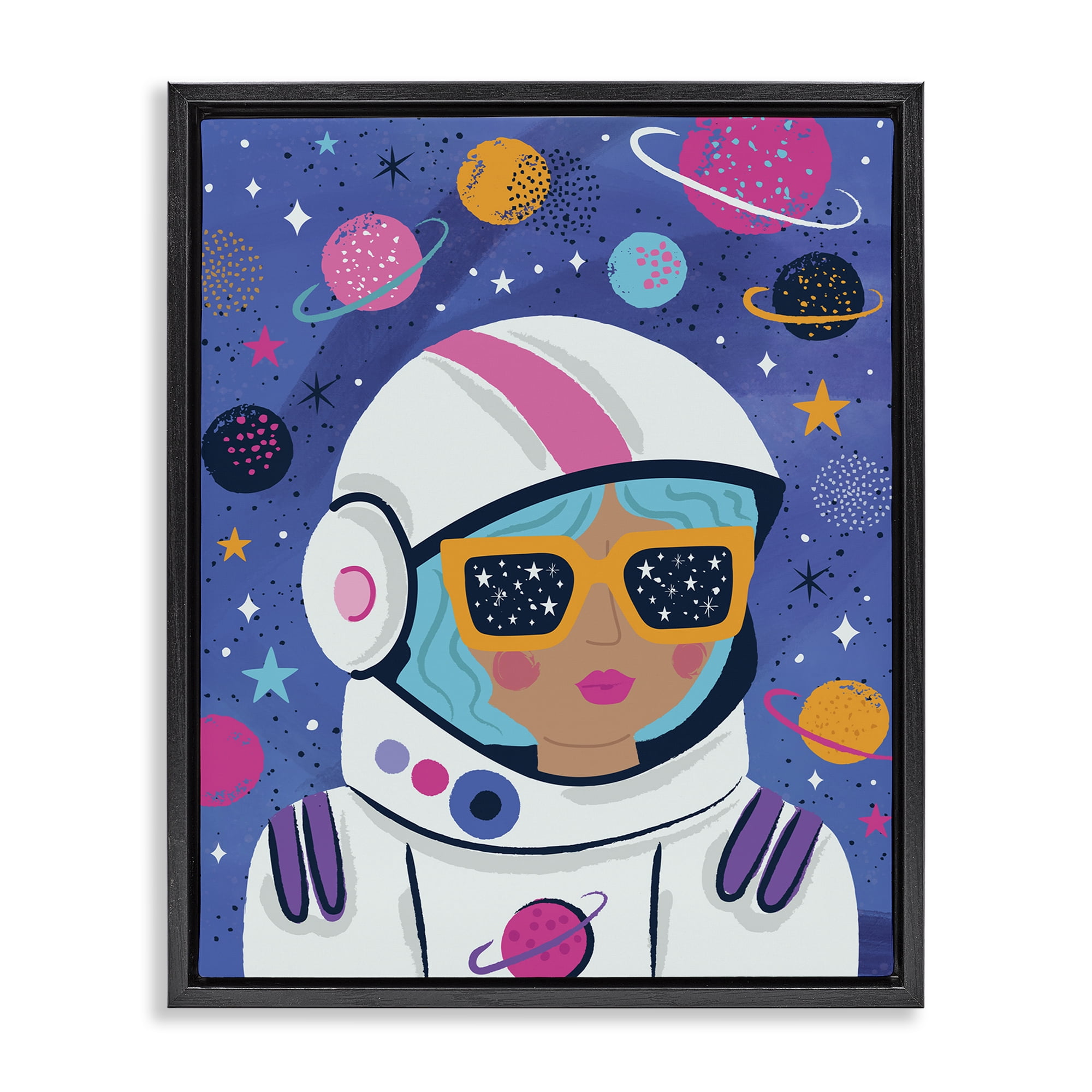 Stupell Industries Astronaut Gal in Space Astrology & Stars Painting Black Floater Framed Canvas Art Print Wall Art, 25 x 31