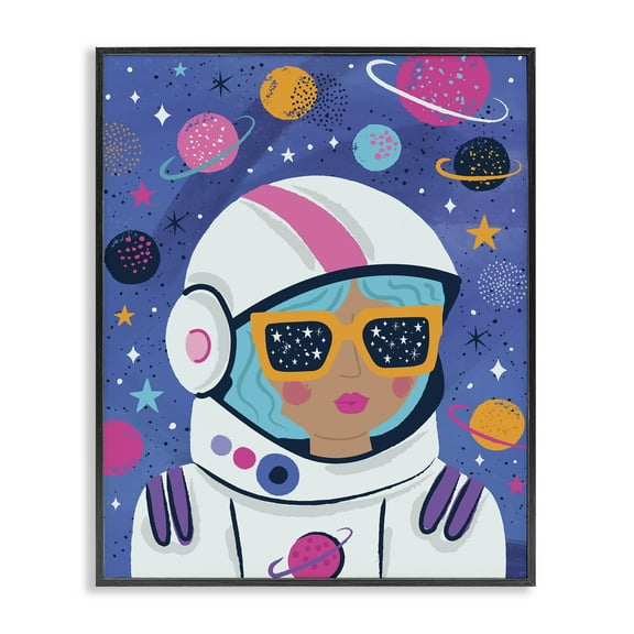 Stupell Industries Astronaut Gal in Space Astrology & Stars Painting Black Framed Art Print Wall Art, 11 x 14
