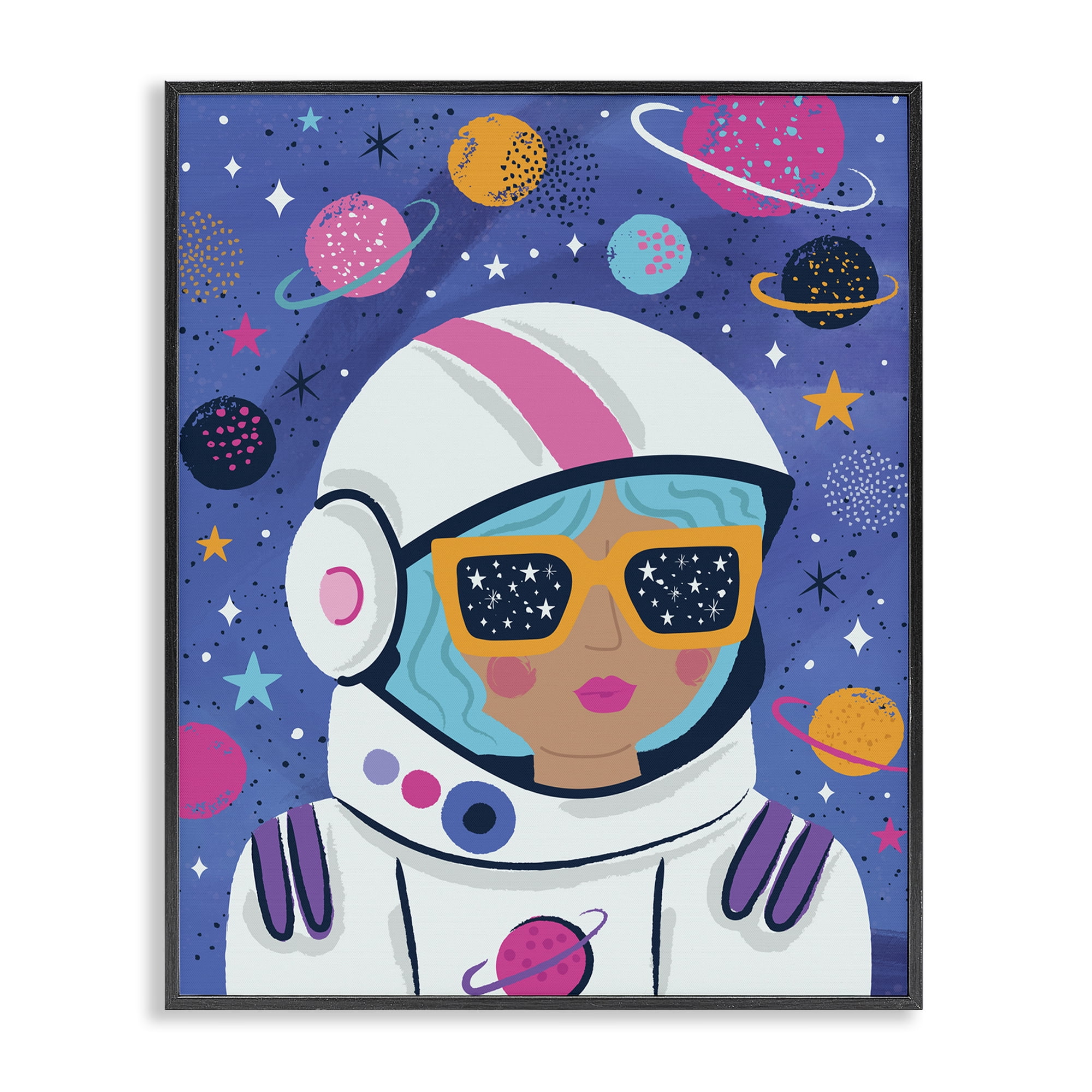 Stupell Industries Astronaut Gal in Space Astrology & Stars Painting Black Framed Art Print Wall Art, 16 x 20