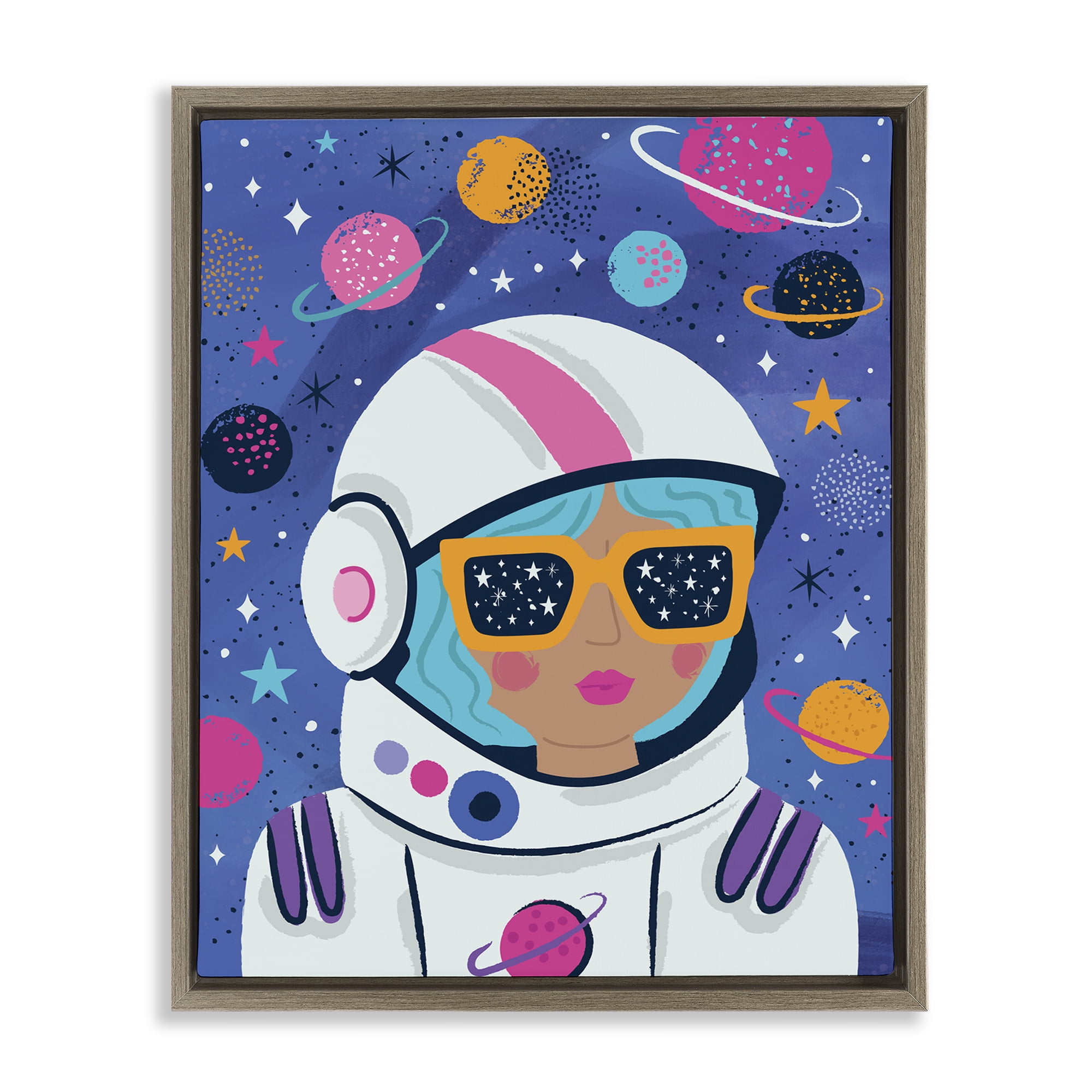 Stupell Industries Astronaut Gal in Space Astrology & Stars Painting Brown Floater Framed Canvas Art Print Wall Art, 25 x 31
