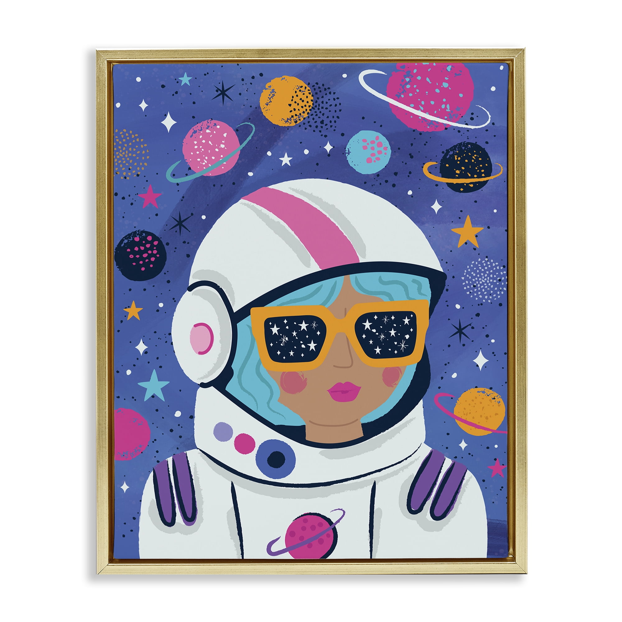 Stupell Industries Astronaut Gal in Space Astrology & Stars Painting Gold Floater Framed Canvas Art Print Wall Art, 25 x 31