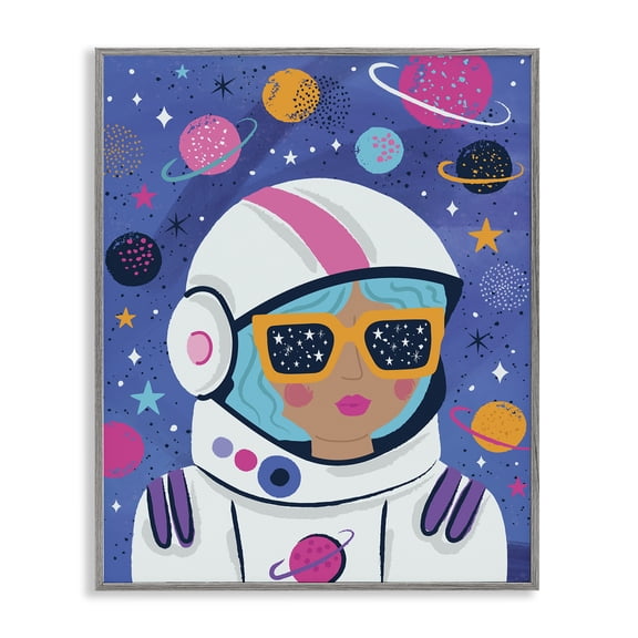 Stupell Industries Astronaut Gal in Space Astrology & Stars Painting Gray Framed Art Print Wall Art, 11 x 14