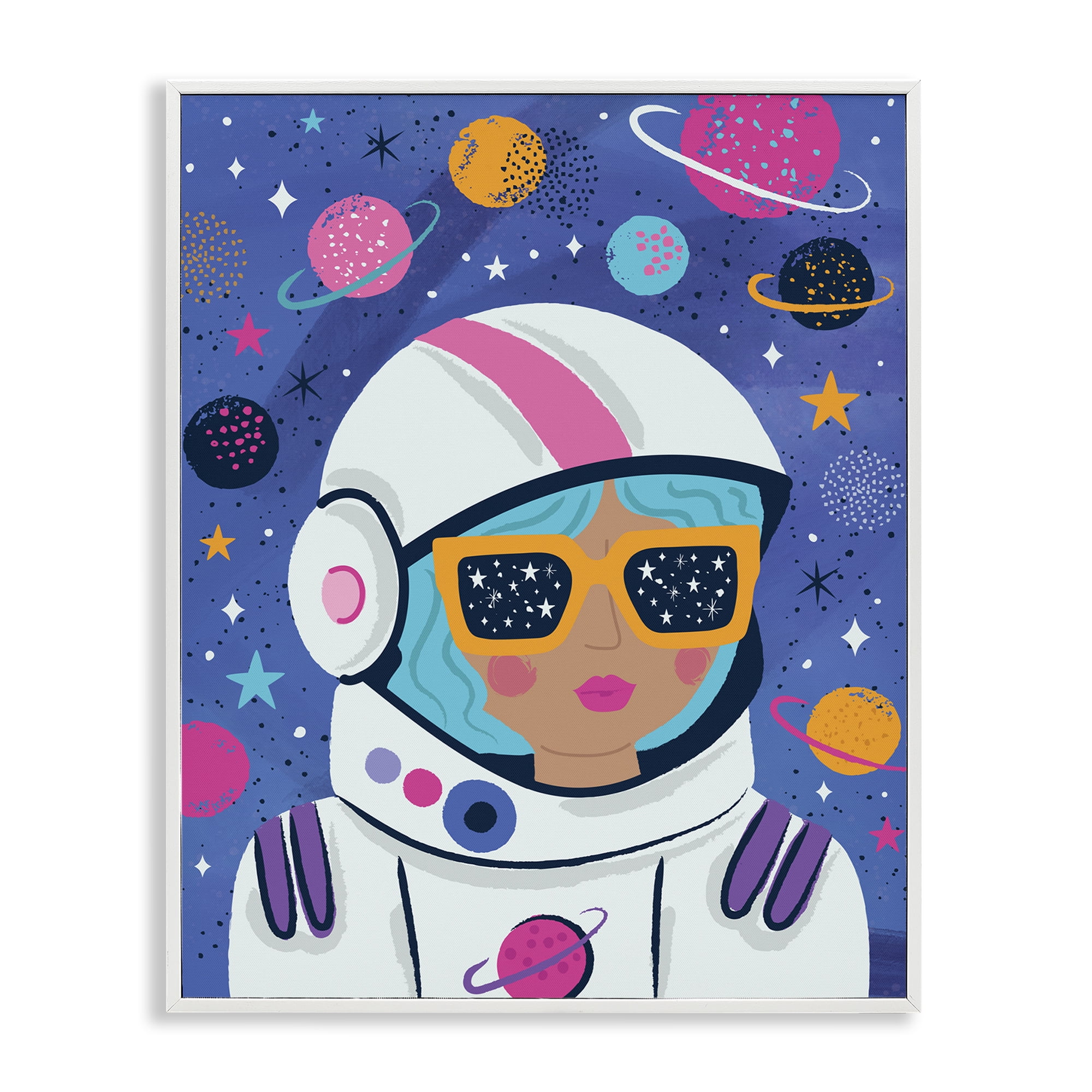 Stupell Industries Astronaut Gal in Space Astrology & Stars Painting White Framed Art Print Wall Art, 11 x 14
