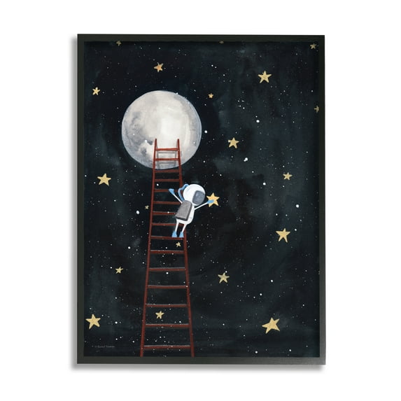 Stupell Industries Astronaut Hanging Stars Outer Space Ladder to Moon Graphic Art Black Framed Art Print Wall Art, 24x30, by Rachel Nieman