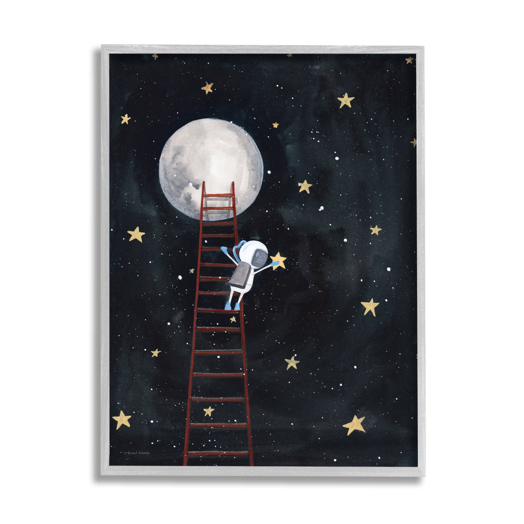 Stupell Industries Astronaut Hanging Stars Outer Space Ladder to Moon Graphic Art Gray Framed Art Print Wall Art, 11x14, by Rachel Nieman
