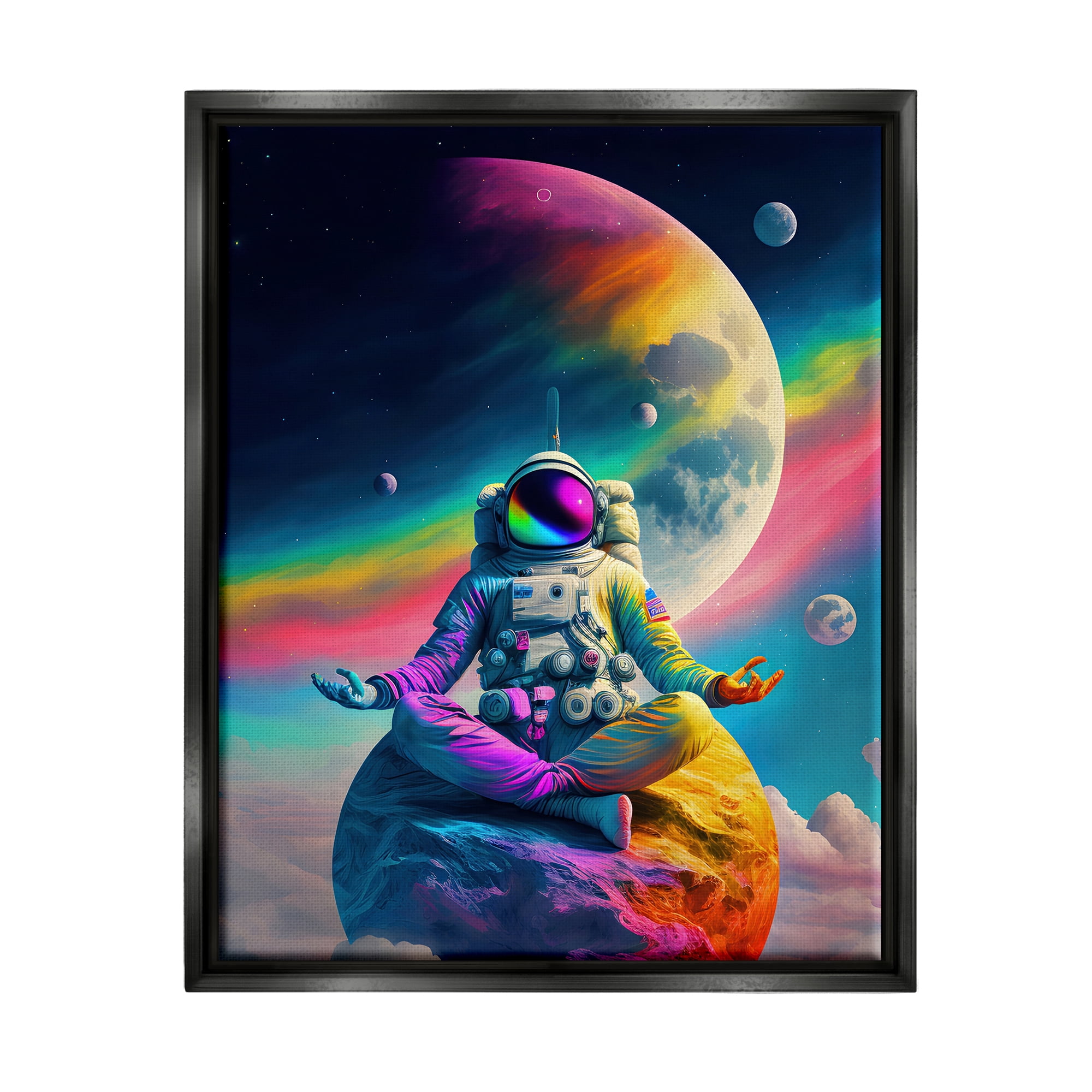 Stupell Industries Astronaut Meditating on Moon Novelty Painting Black Floater Framed Canvas Art Print Wall Art, 17 x 21