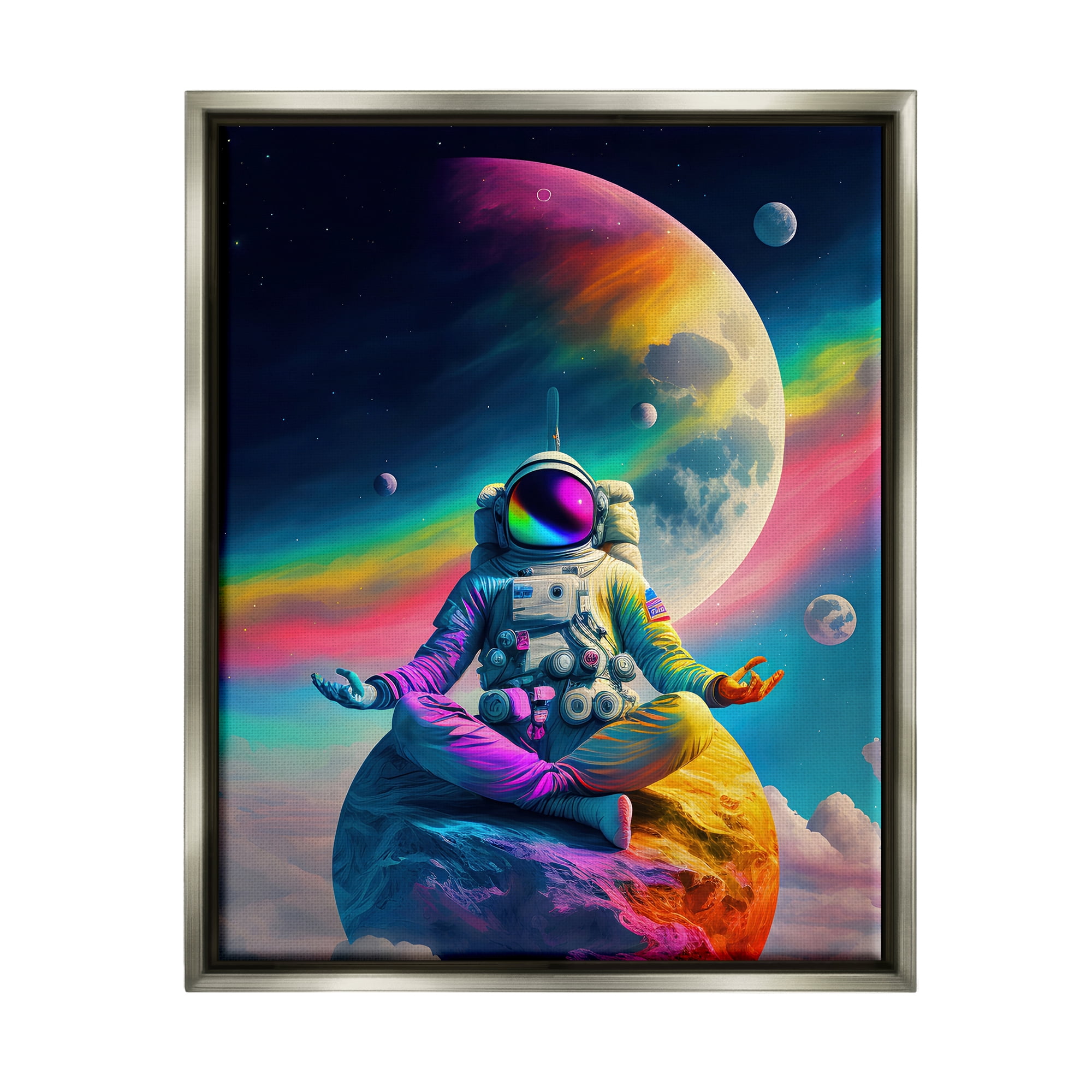 Stupell Industries Astronaut Meditating on Moon Novelty Painting Gray Floater Framed Canvas Art Print Wall Art, 17 x 21