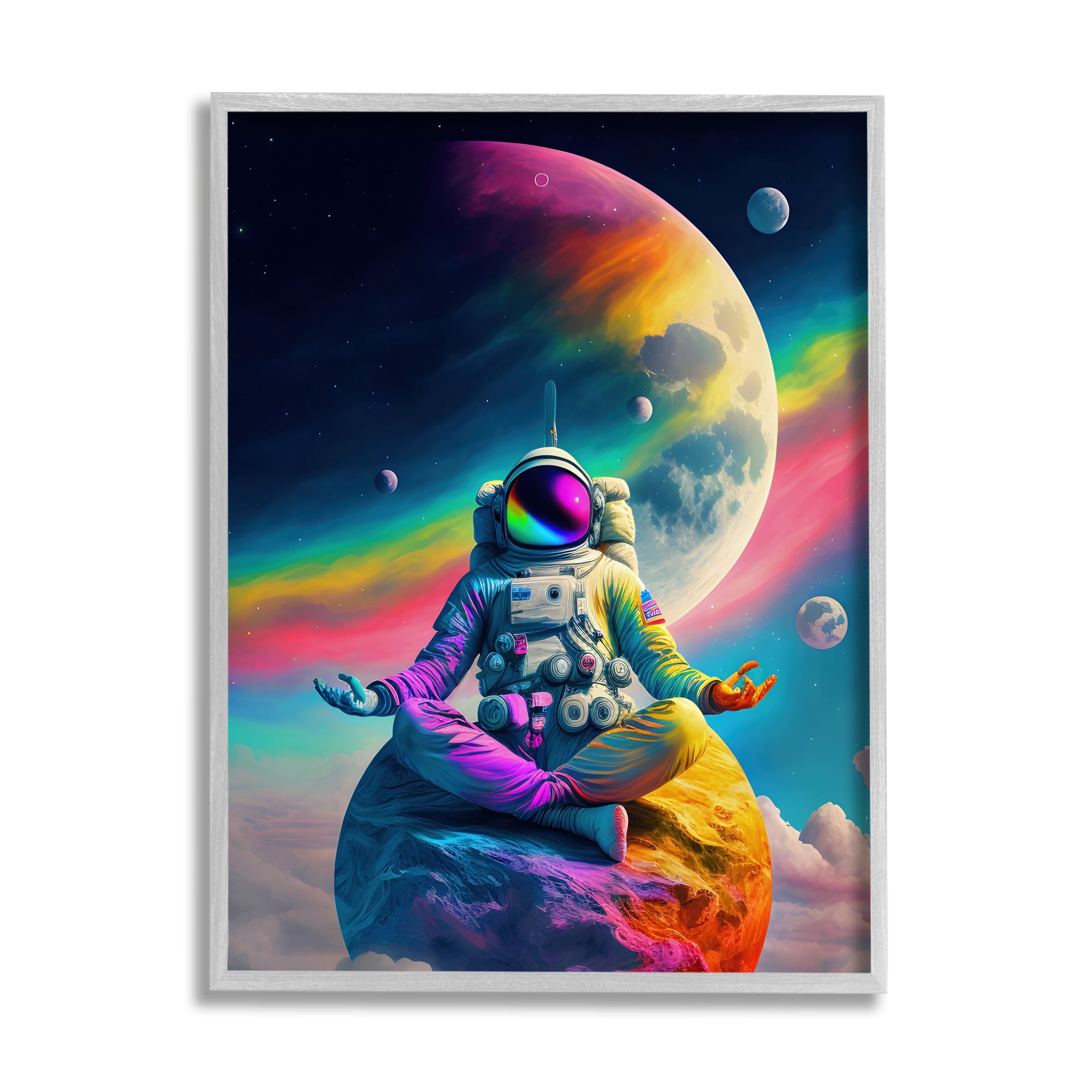 Stupell Industries Astronaut Meditating on Moon Novelty Painting Gray Framed Art Print Wall Art, 11 x 14