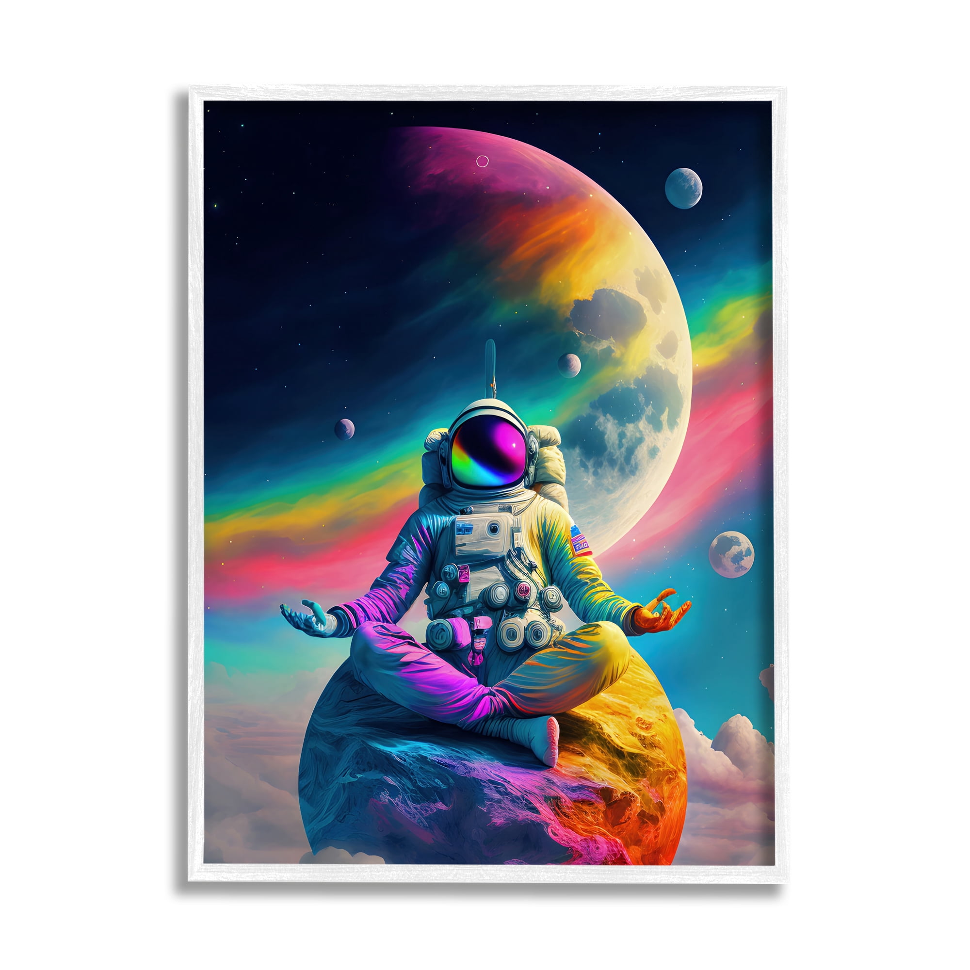 Stupell Industries Astronaut Meditating on Moon Novelty Painting White Framed Art Print Wall Art, 24 x 30