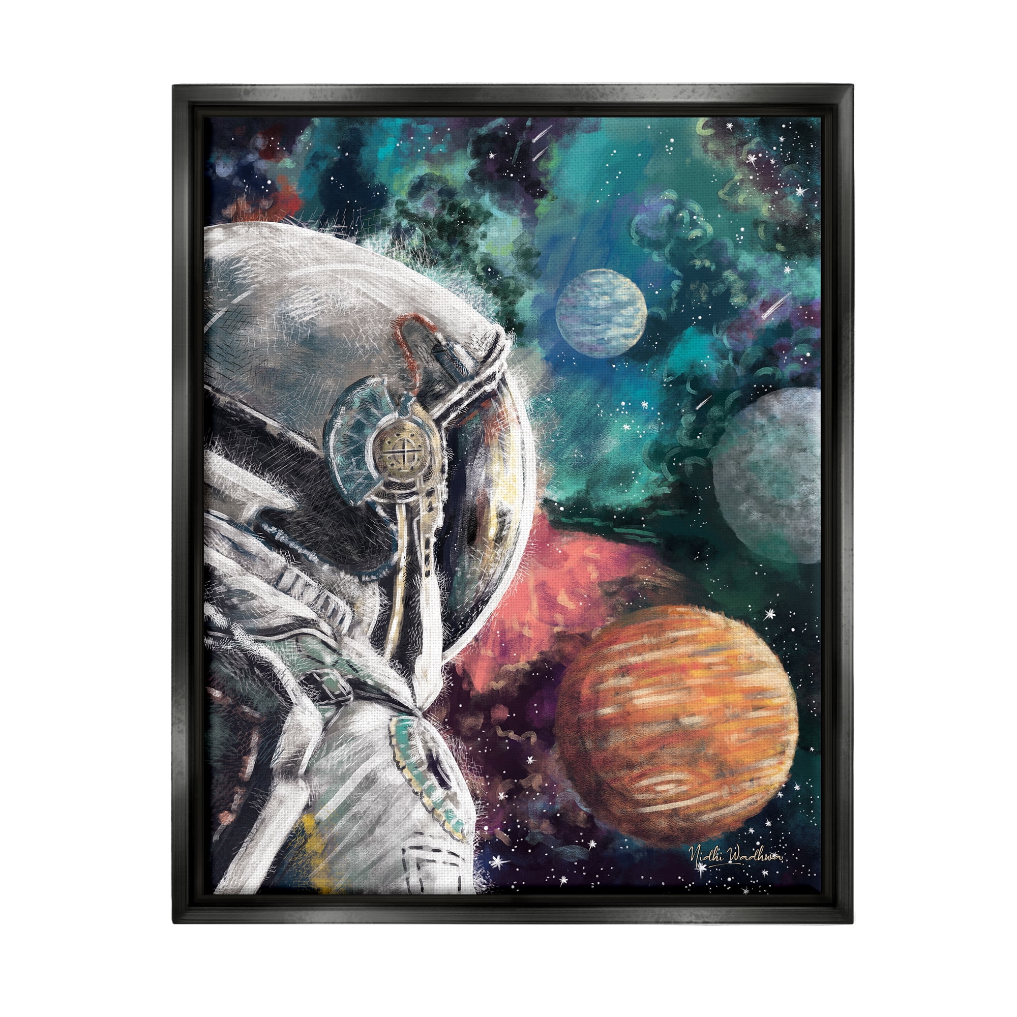 Stupell Industries Astronaut & Outer Space Novelty Painting Black Floater Framed Canvas Art Print Wall Art, 25 x 31