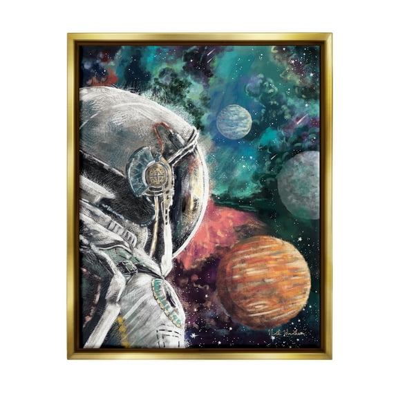 Stupell Industries Astronaut & Outer Space Novelty Painting Gold Floater Framed Canvas Art Print Wall Art, 17 x 21