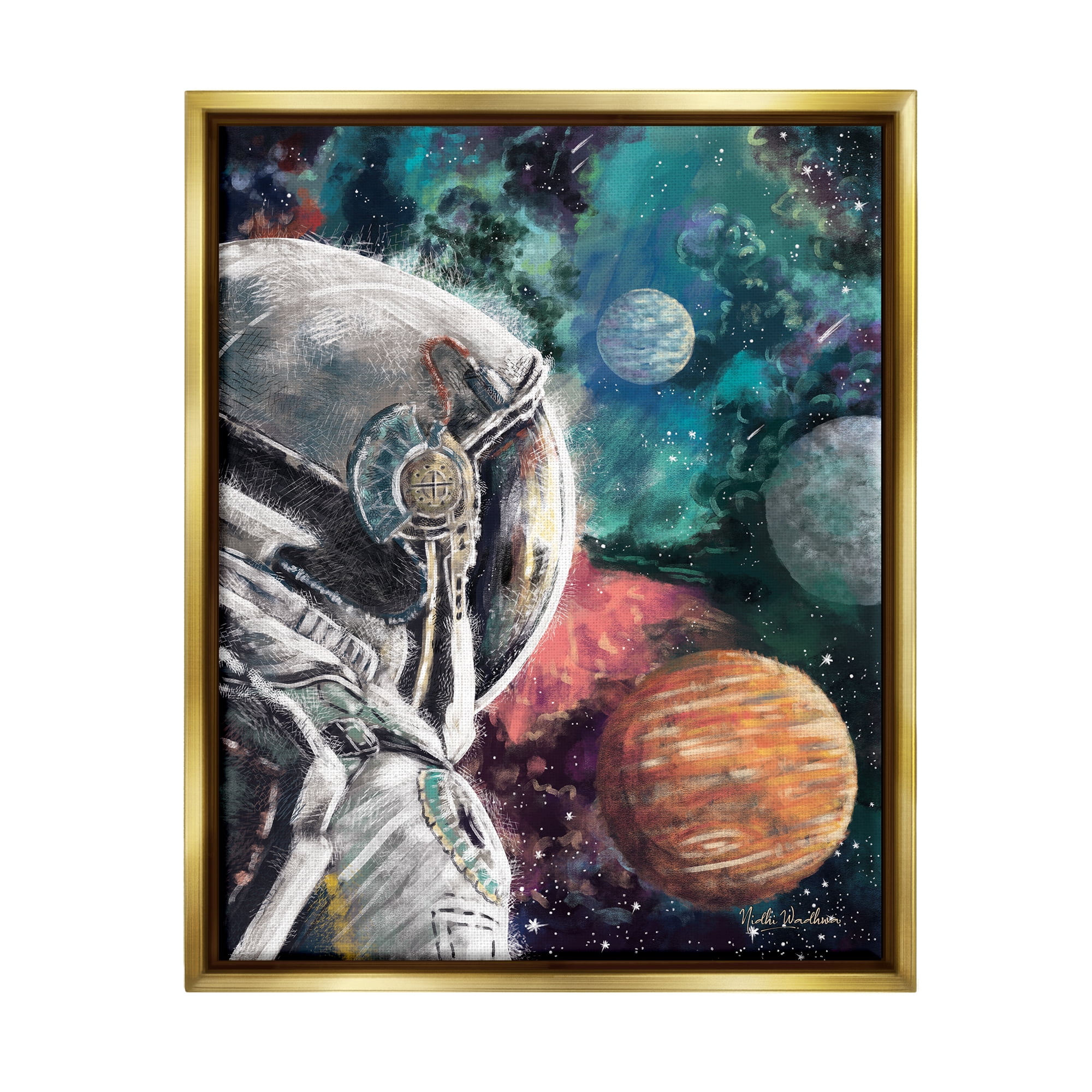 Stupell Industries Astronaut & Outer Space Novelty Painting Gold Floater Framed Canvas Art Print Wall Art, 25 x 31