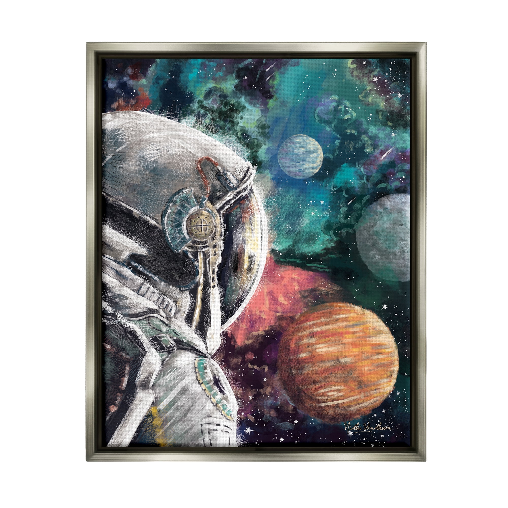 Stupell Industries Astronaut & Outer Space Novelty Painting Gray Floater Framed Canvas Art Print Wall Art, 17 x 21