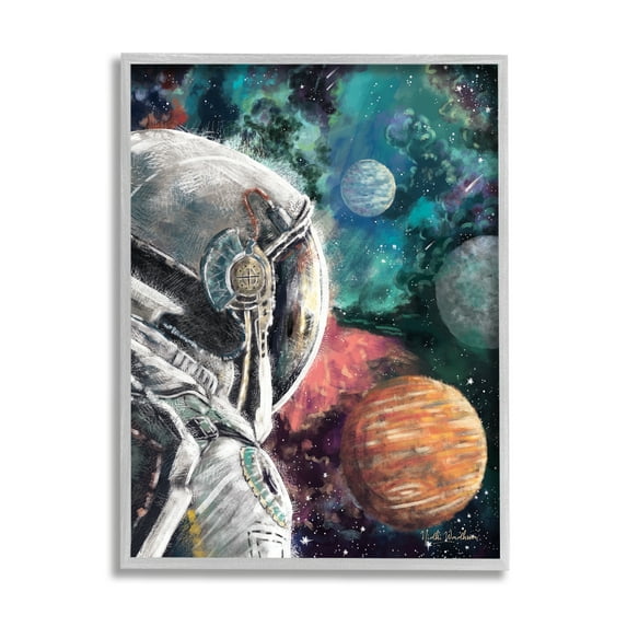 Stupell Industries Astronaut & Outer Space Novelty Painting Gray Framed Art Print Wall Art, 11 x 14