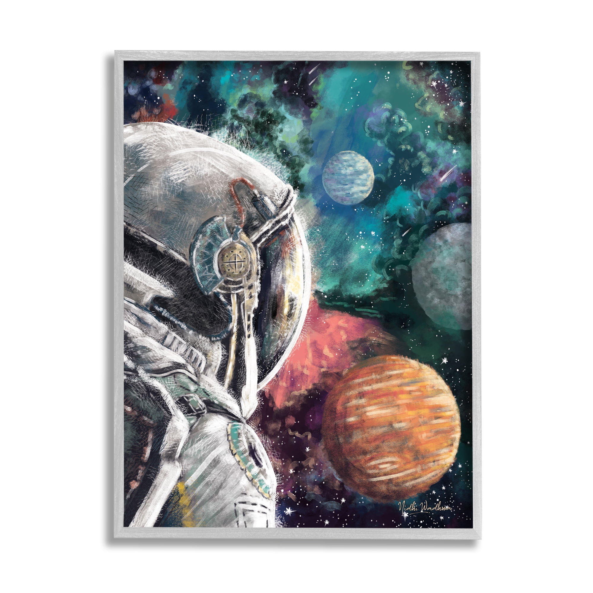 Stupell Industries Astronaut & Outer Space Novelty Painting Gray Framed Art Print Wall Art, 16 x 20