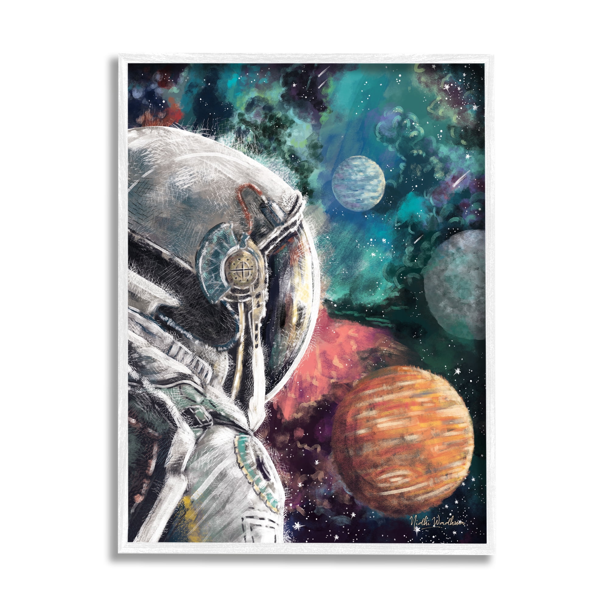 Stupell Industries Astronaut & Outer Space Novelty Painting White Framed Art Print Wall Art, 24 x 30
