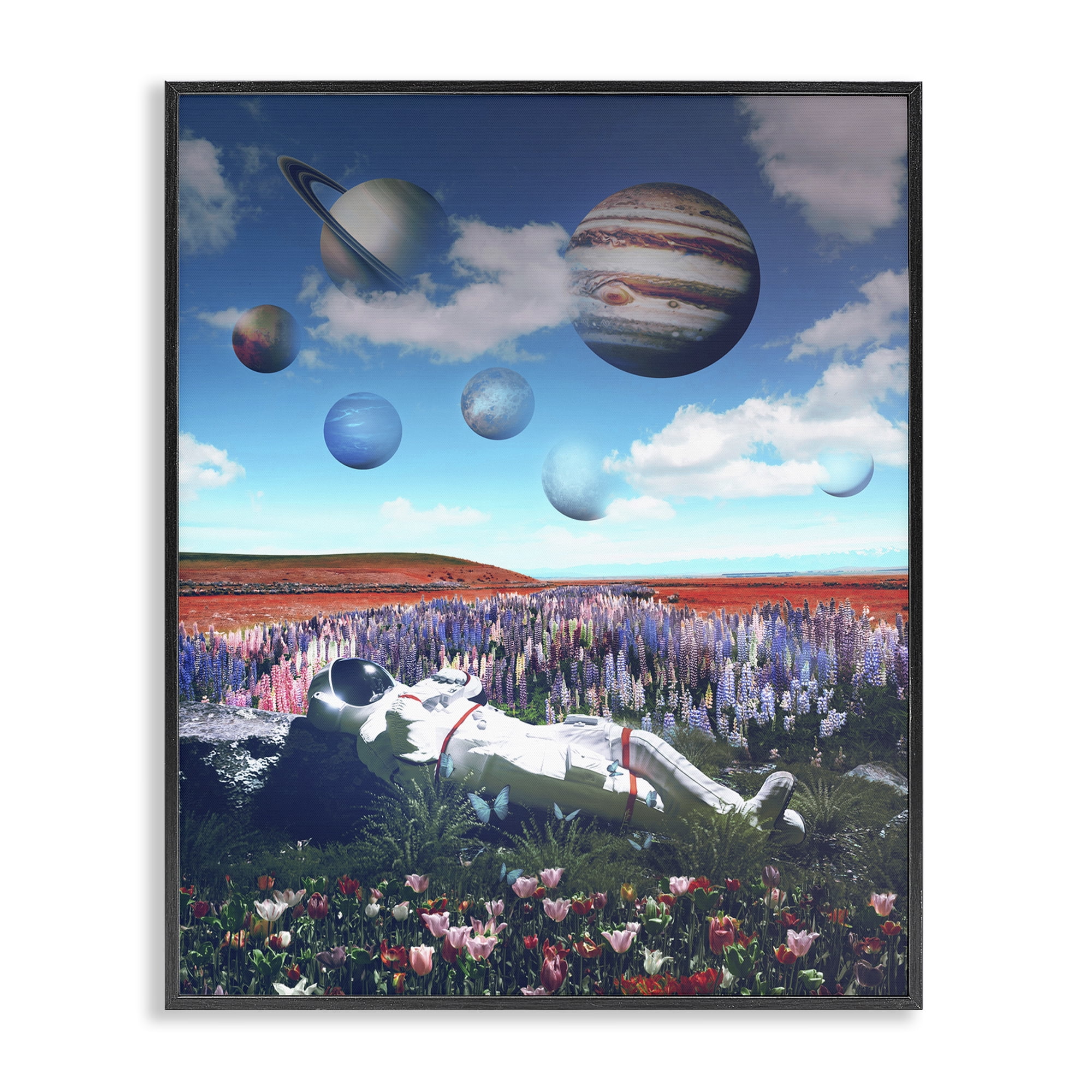 Stupell Industries Astronaut & Overhead Planets Astrology & Stars Painting Black Framed Art Print Wall Art, 16 x 20