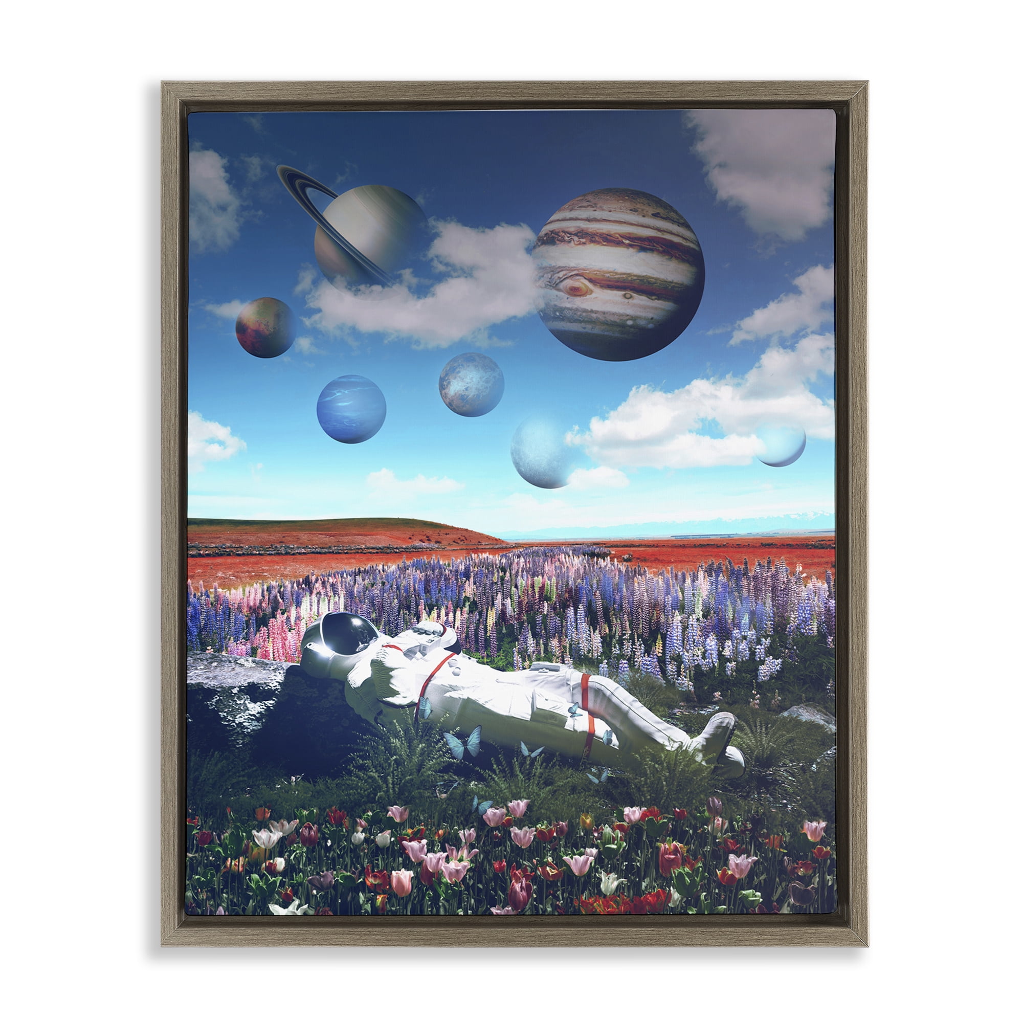 Stupell Industries Astronaut & Overhead Planets Astrology & Stars Painting Brown Floater Framed Canvas Art Print Wall Art, 17 x 21