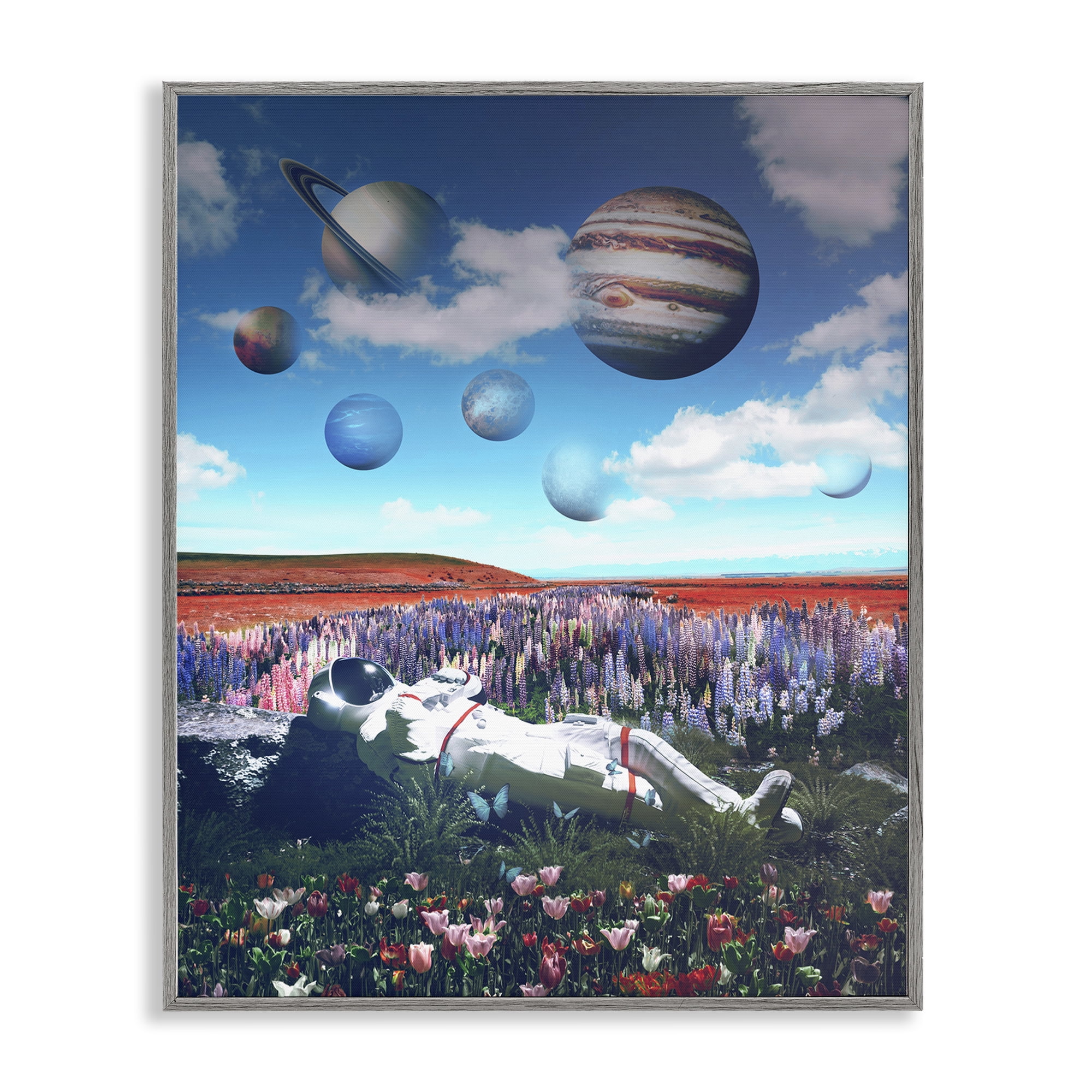 Stupell Industries Astronaut & Overhead Planets Astrology & Stars Painting Gray Framed Art Print Wall Art, 24 x 30