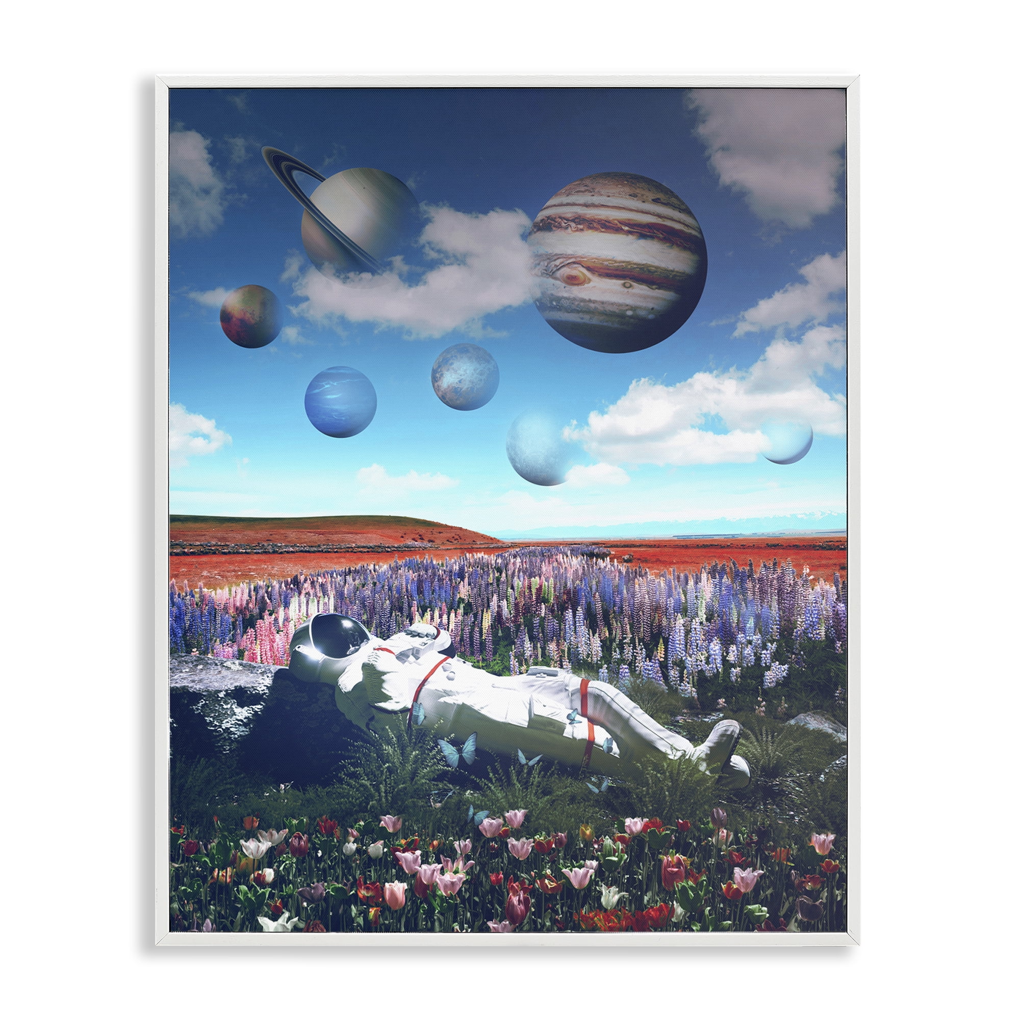 Stupell Industries Astronaut & Overhead Planets Astrology & Stars Painting White Framed Art Print Wall Art, 11 x 14