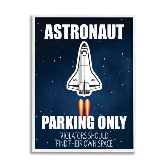 Stupell Industries Astronaut Parking Only Sign Kids' Space Jet Humor Fairy Tales & Fantasy Painting White Framed Art Print Wall Art, 11 x 14