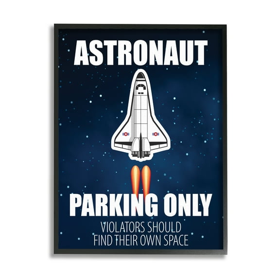 Stupell Industries Astronaut Parking Only Sign Kids Space Jet Humor Kids Painting Black framed Art Print Wall Art, 11 x 14, Design by Kim Allen