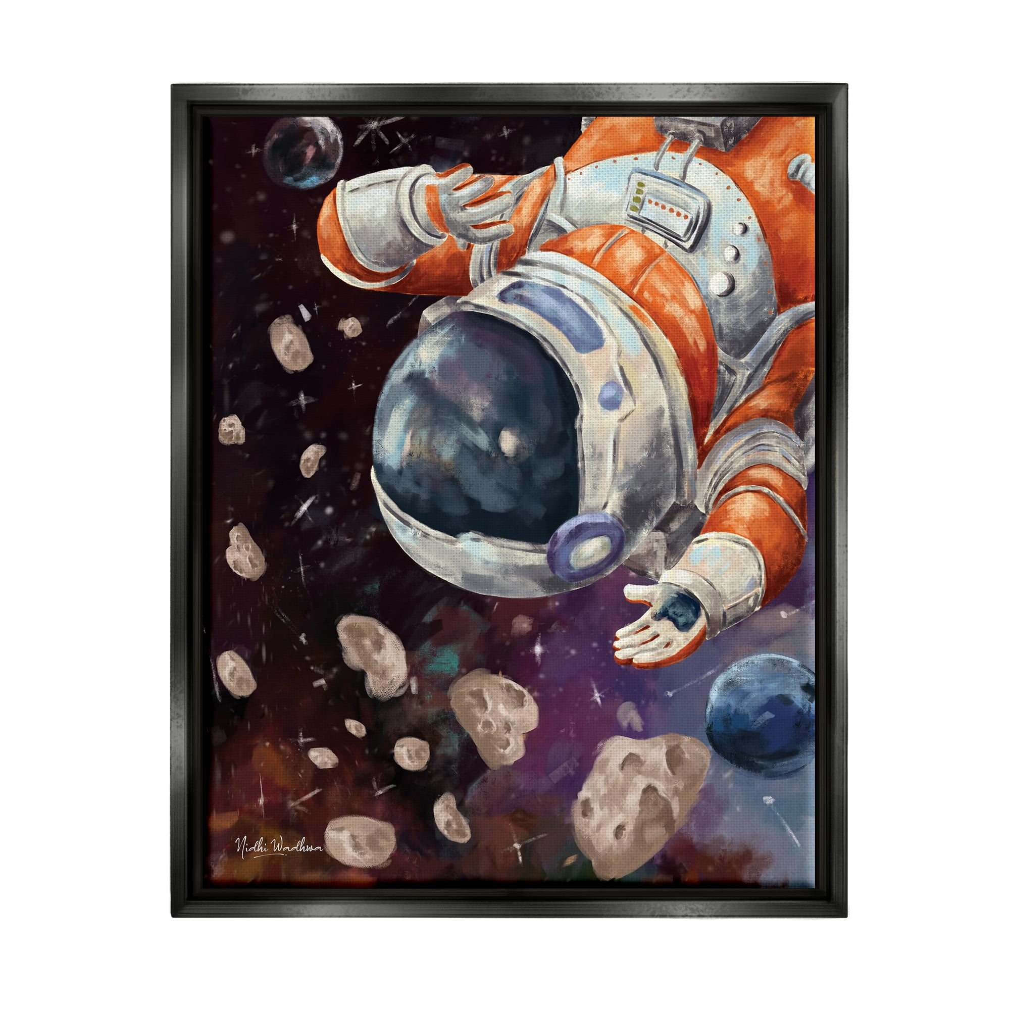 Stupell Industries Astronaut & Space Asteroids Art for Kids Painting Black Floater Framed Art Print Wall Art, 17 x 21