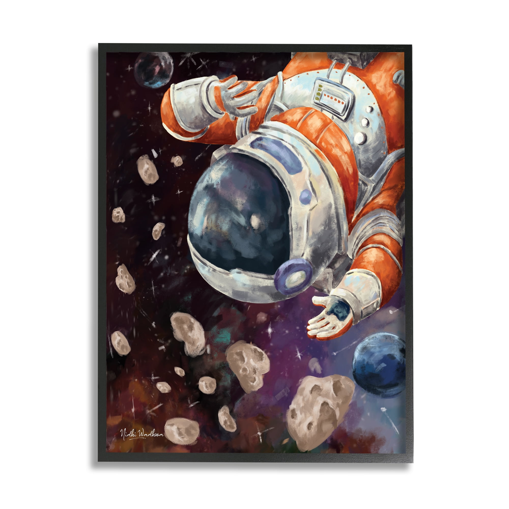 Stupell Industries Astronaut & Space Asteroids Art for Kids Painting Black Framed Art Print Wall Art, 16 x 20