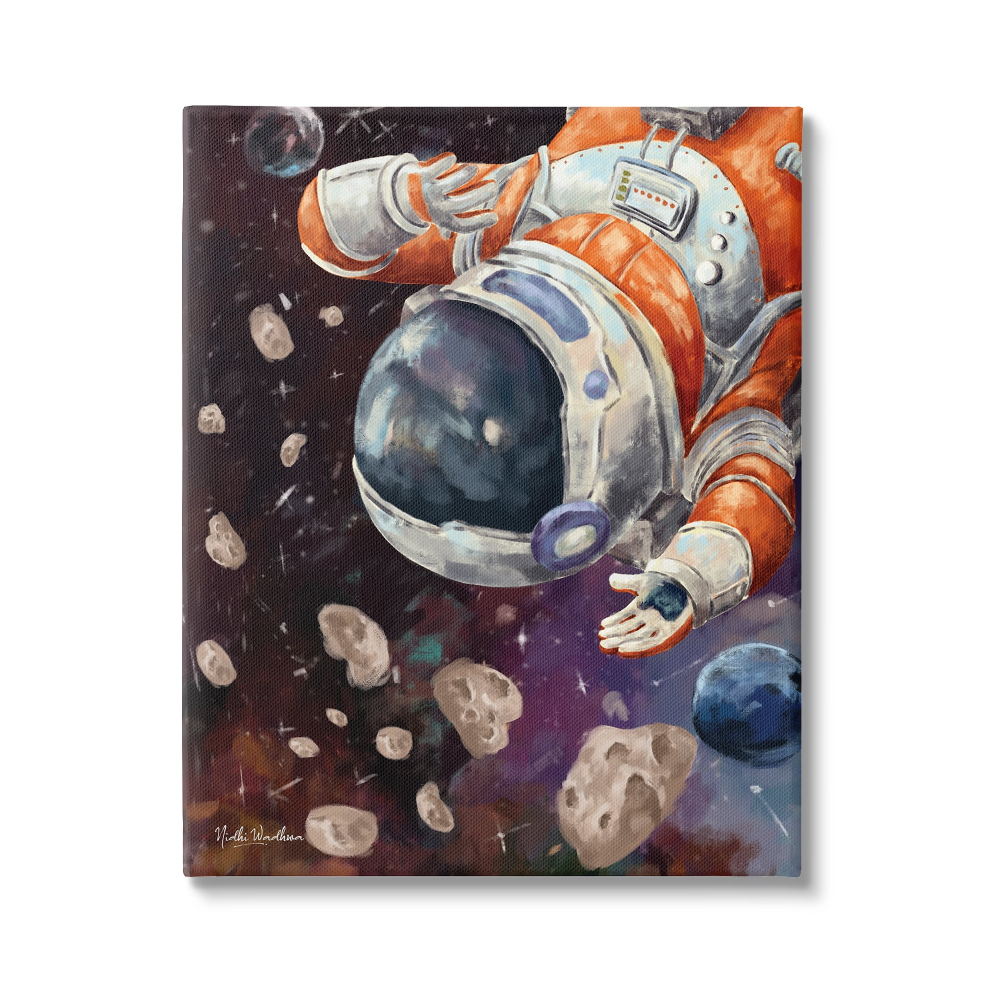 Stupell Industries Astronaut & Space Asteroids Art for Kids Painting Gallery Wrapped Canvas Print Wall Art, 36 x 48