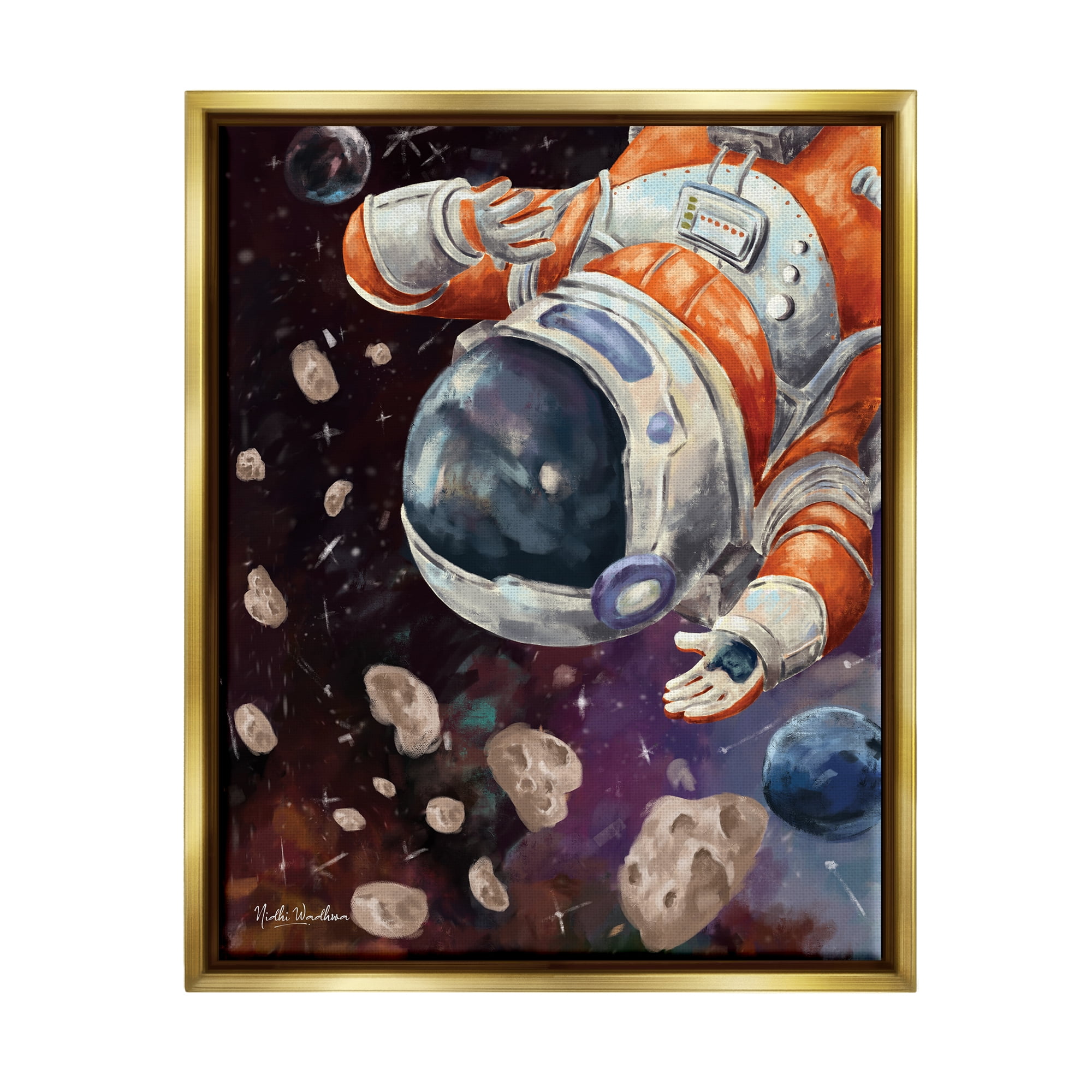 Stupell Industries Astronaut & Space Asteroids Art for Kids Painting Gold Floater Framed Art Print Wall Art, 17 x 21